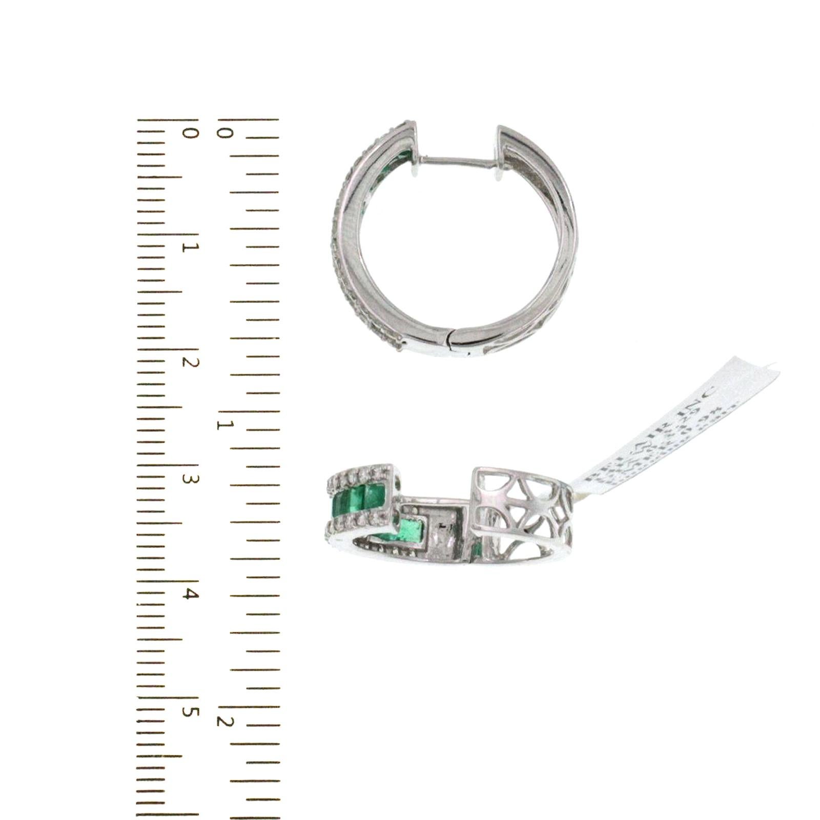 Women's 0.98 CT Colombian Emerald and 0.34 Carat Diamonds 14k White Gold Hoop Earrings For Sale