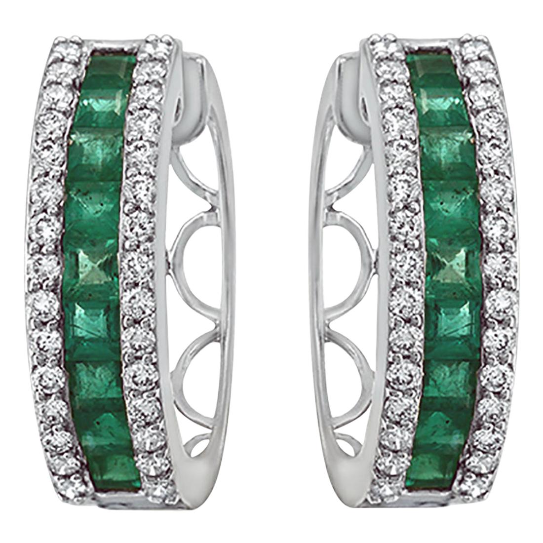 0.98 CT Colombian Emerald and 0.34 Carat Diamonds 14k White Gold Hoop Earrings For Sale