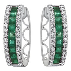 0.98 CT Colombian Emerald and 0.34 Carat Diamonds 14k White Gold Hoop Earrings