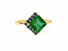 0.98 Ct Emerald Solitaire Ring 14K Gold Emerald Square Cut Sapphire Accents