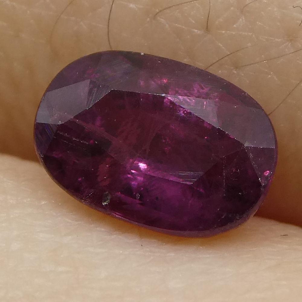 Description:

Gem Type: Ruby
Number of Stones: 1
Weight: 0.98 cts
Measurements: 6.63x4.67x3.32 mm
Shape: Oval
Cutting Style Crown: Modified Brilliant
Cutting Style Pavilion: Step Cut
Transparency: Translucent
Clarity: Moderately Included: Inclusions