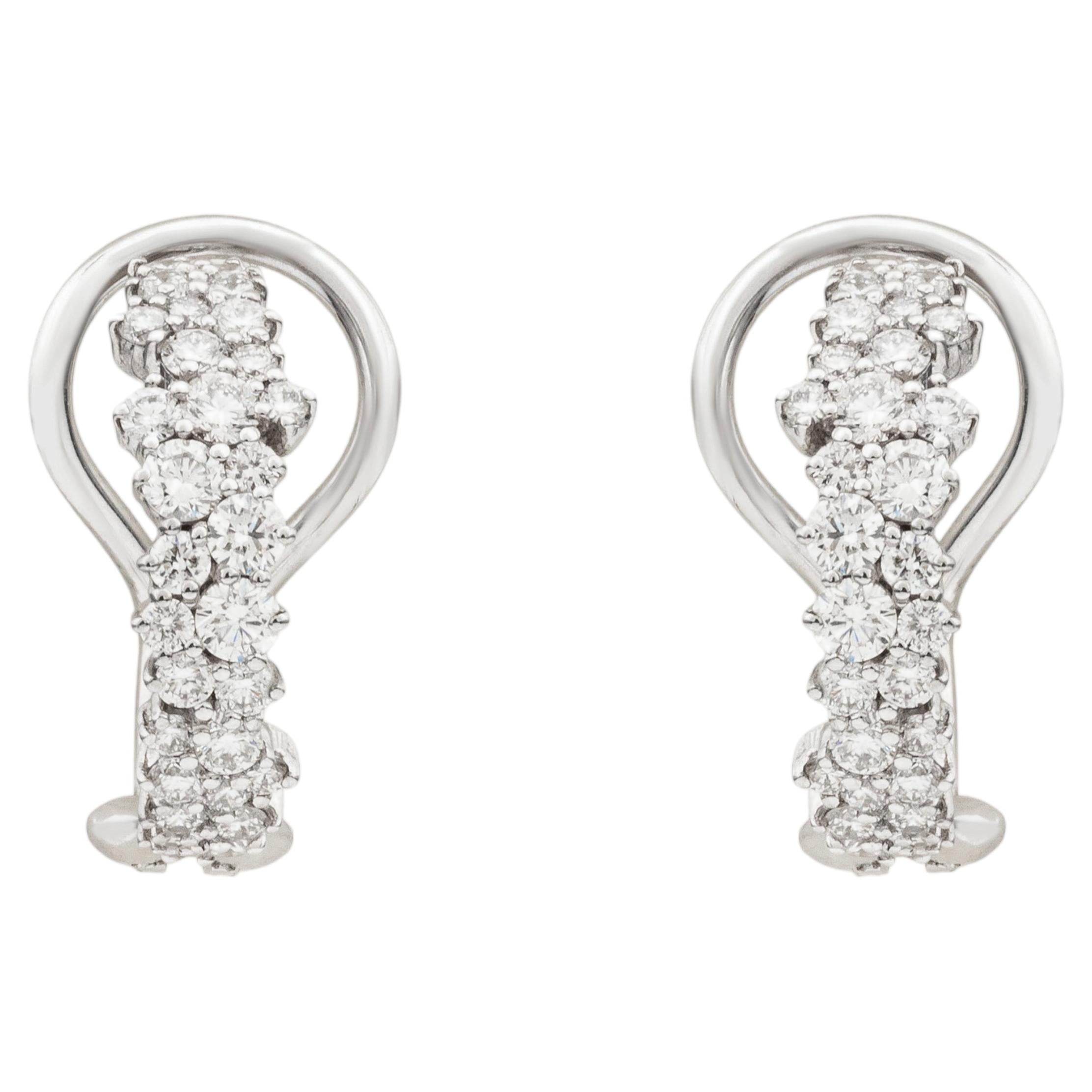 0.98 CT Round Diamond Multi Row Cluster Huggie Hoop Earrings 18K White Gold For Sale