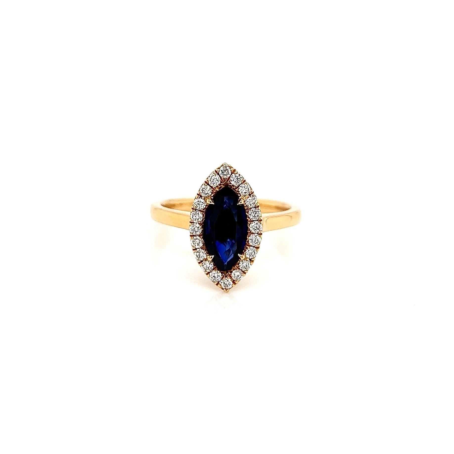1.30 Total Carat Sapphire Diamond Engagement Ring

This unique engagement ring is features a dramatic marquise shaped blue sapphire surrounded by dazzling round shaped diamonds. This ring is the perfect blend of timeless and contemporary