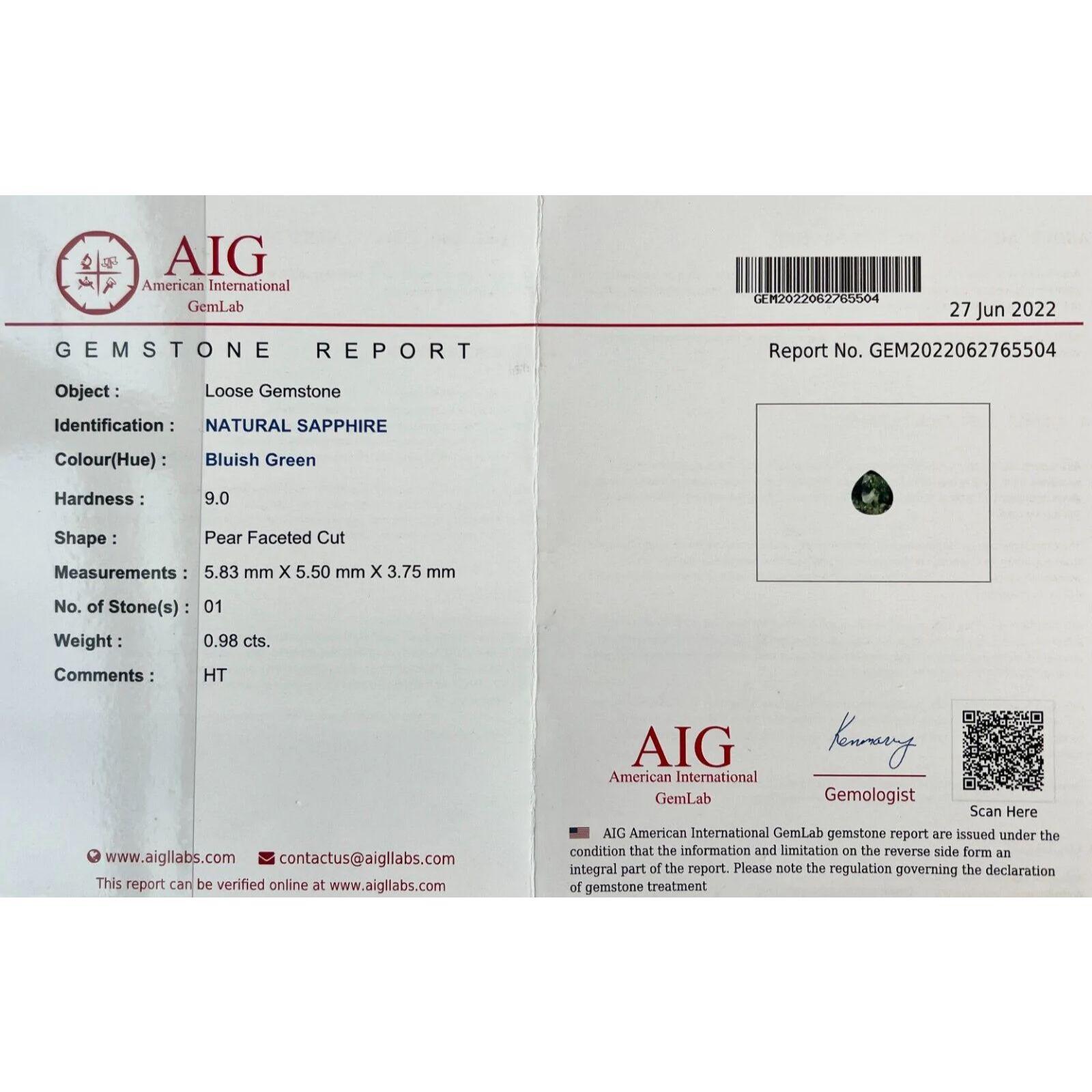 0.98ct AIG Certified Bi Colour Green Blue Sapphire Pear Cut Rare For Sale 4