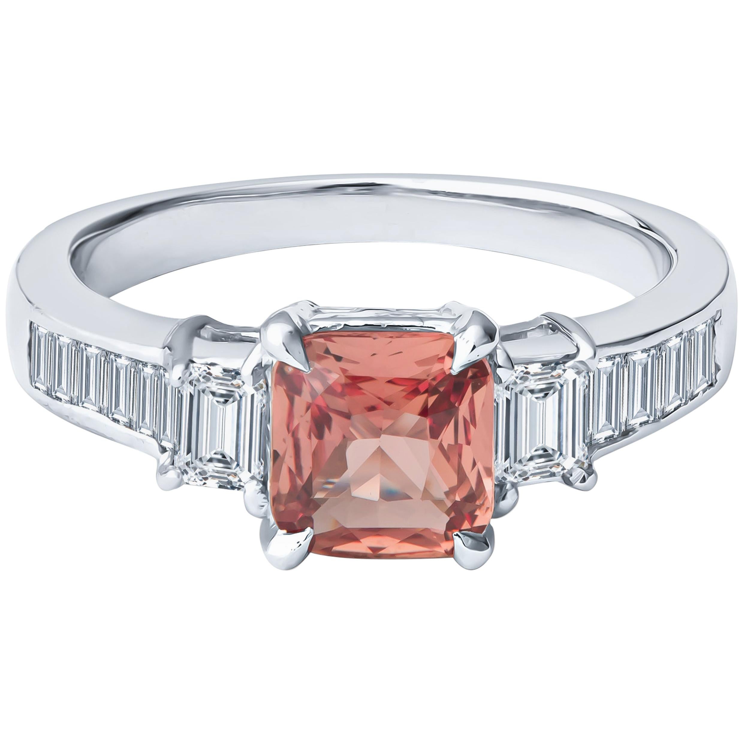 0.98ct Cushion Cut Padparadscha Sapphire and Baguette Diamond Platinum Ring, GIA