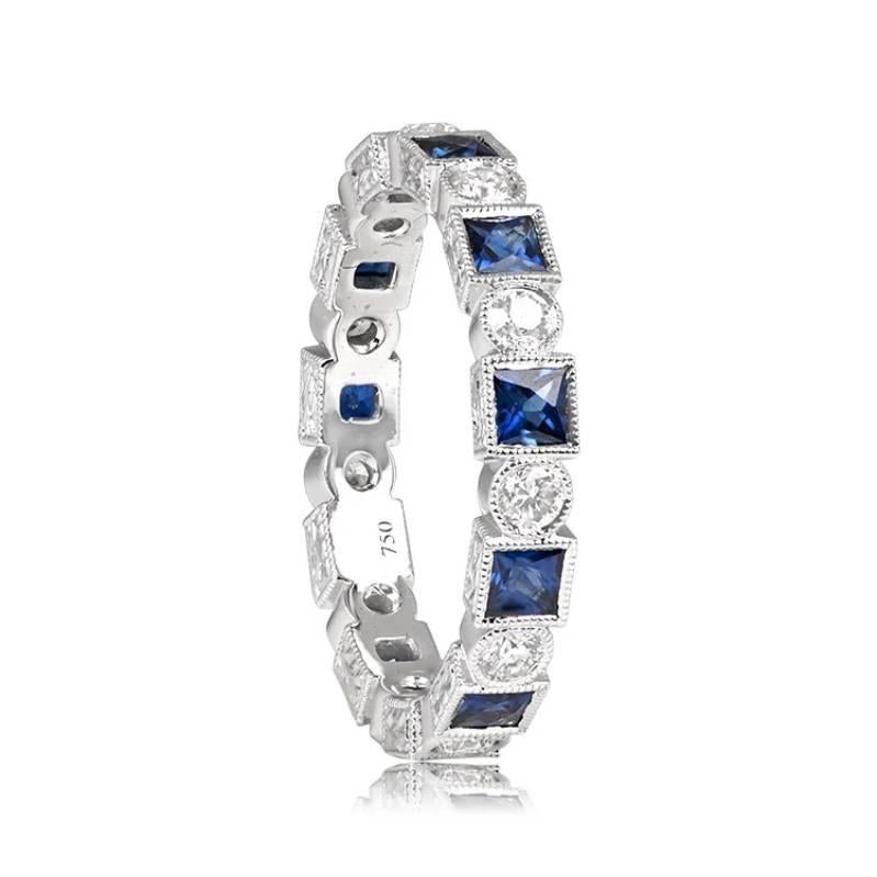 Art Deco 0.98ct Natural Sapphire & 0.32ct Diamond Band Ring, 18k White Gold For Sale