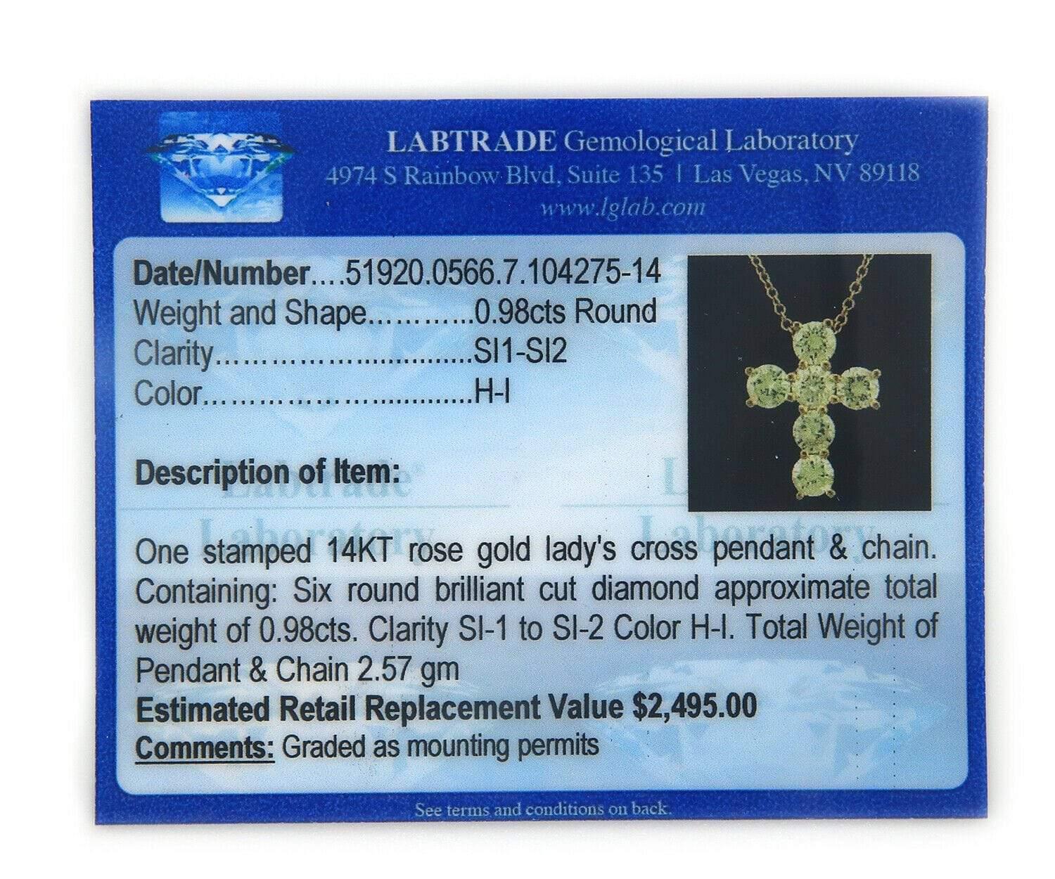 0.98ctw Diamond Cross Pendant Necklace 14K

Diamond Cross Pendant Necklace
14K Rose Gold
Diamond Weight (Approx.): 0.98ctw
Diamond Clarity: SI1 – SI2
Diamond Color: H - I
Chain Length: 18.0 Inches
Pendant Size: 11mm x 14mm
LGL Certified
Necklace