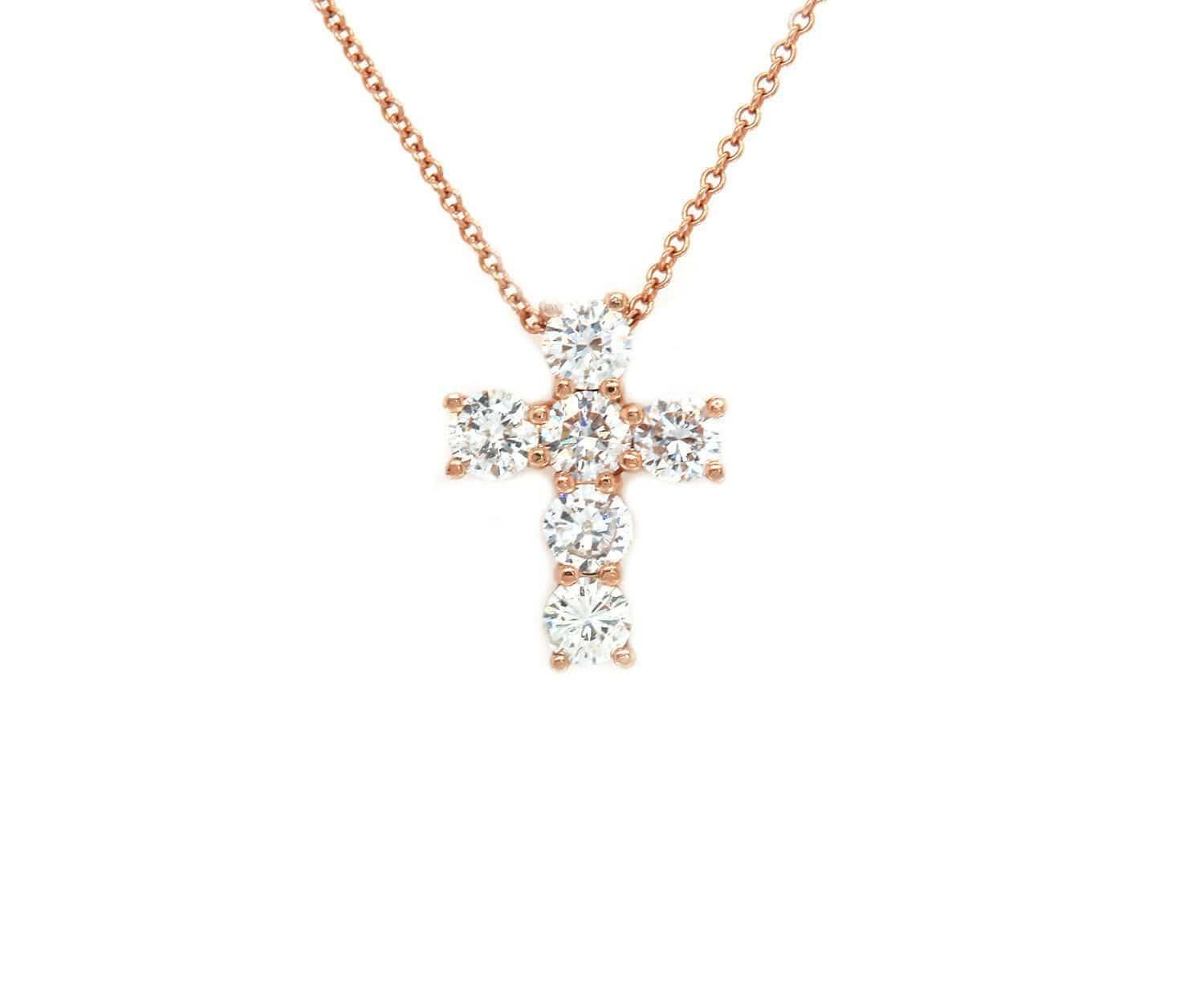 Round Cut 0.98ctw Diamond Cross Pendant Necklace 14K Rose Gold For Sale