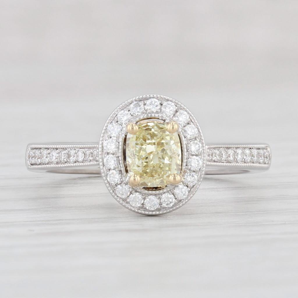 Oval Cut 0.98ctw Yellow White Diamond Halo Engagement Ring 18k White Yellow Gold Size 6.5 For Sale