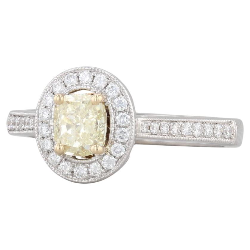 0.98ctw Yellow White Diamond Halo Engagement Ring 18k White Yellow Gold Size 6.5 For Sale