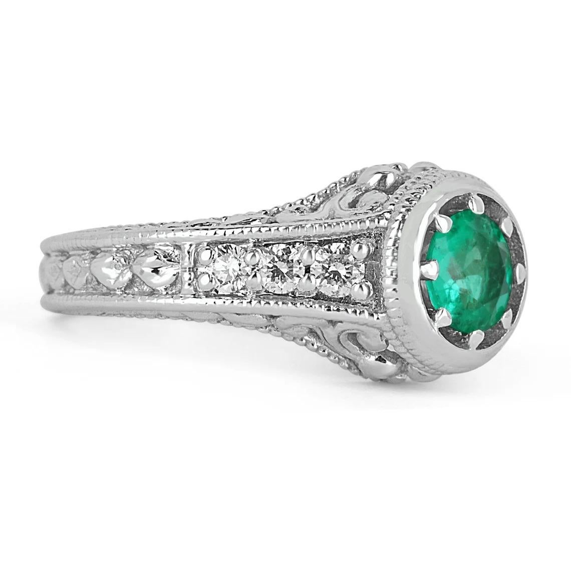 Now, this ring is truly spectacular! Such a magical ring that only weighs 0.98tcw but looks to be over 1.50tcw. This ring takes 'solitaire with accents' to another level. Earth mined, Colombian Emerald is prong-set in a suspended eight prong