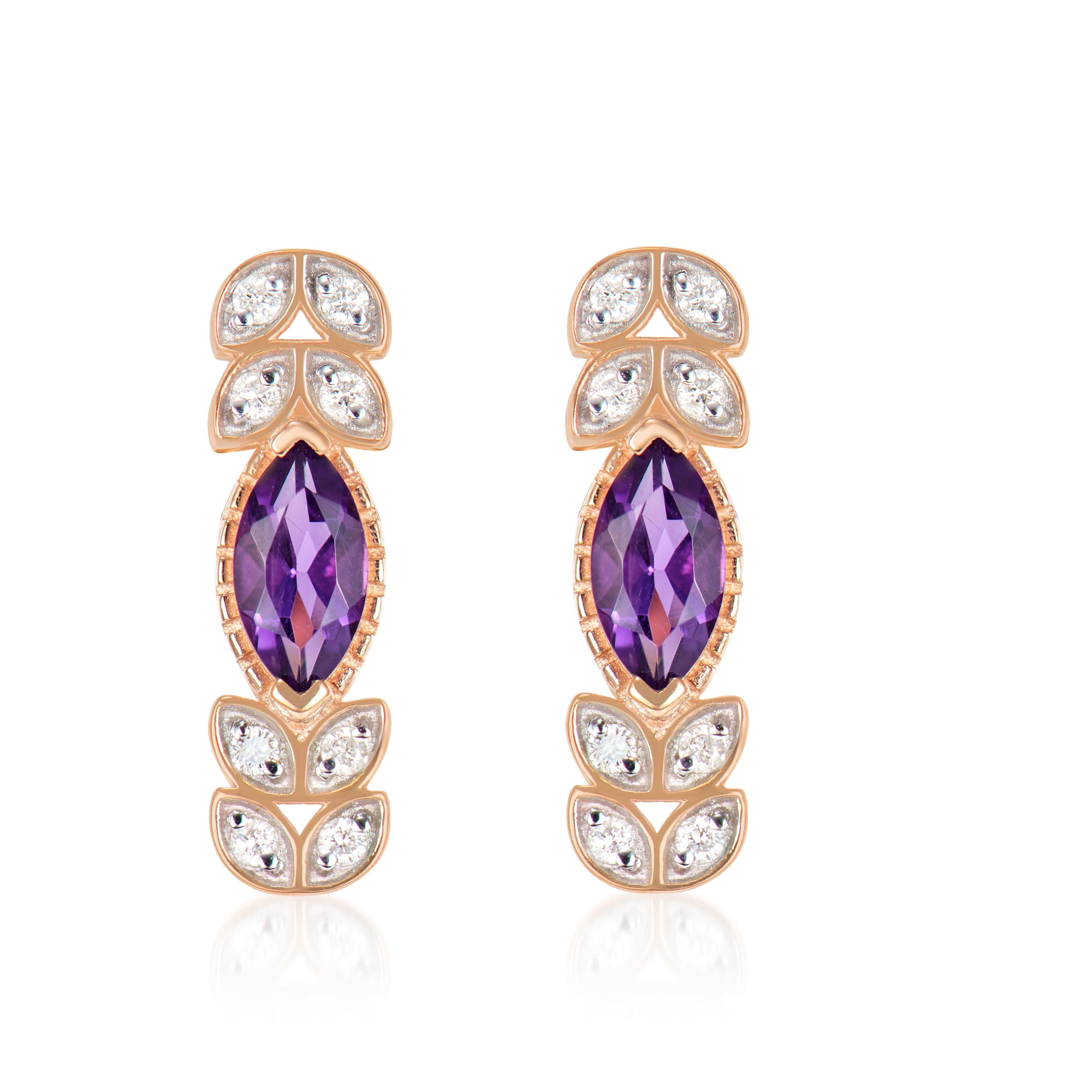 Contemporary 0.99 Carat Amethyst Drop Earrings in 14Karat Rose Gold with White Diamond. For Sale