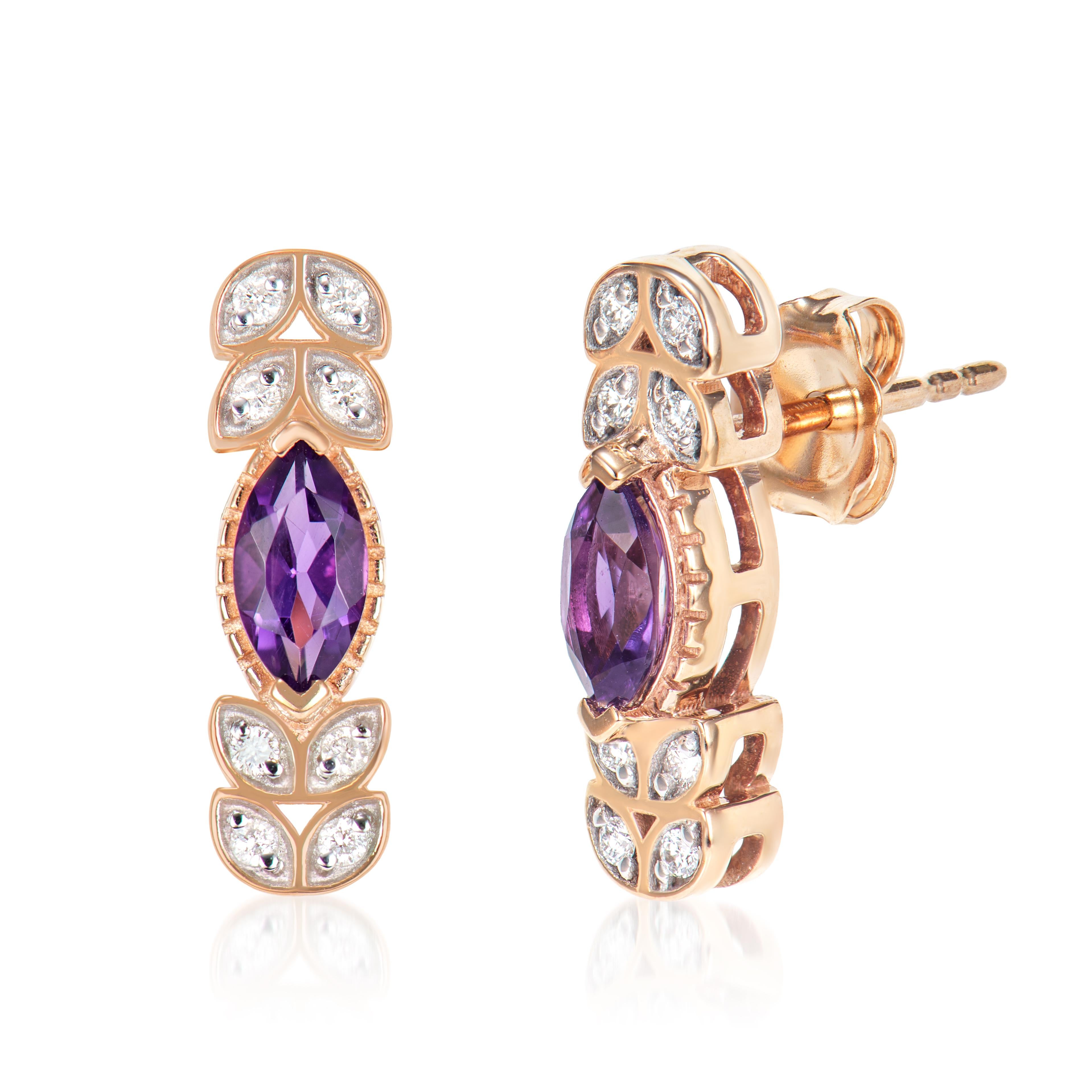 Marquise Cut 0.99 Carat Amethyst Drop Earrings in 14Karat Rose Gold with White Diamond. For Sale