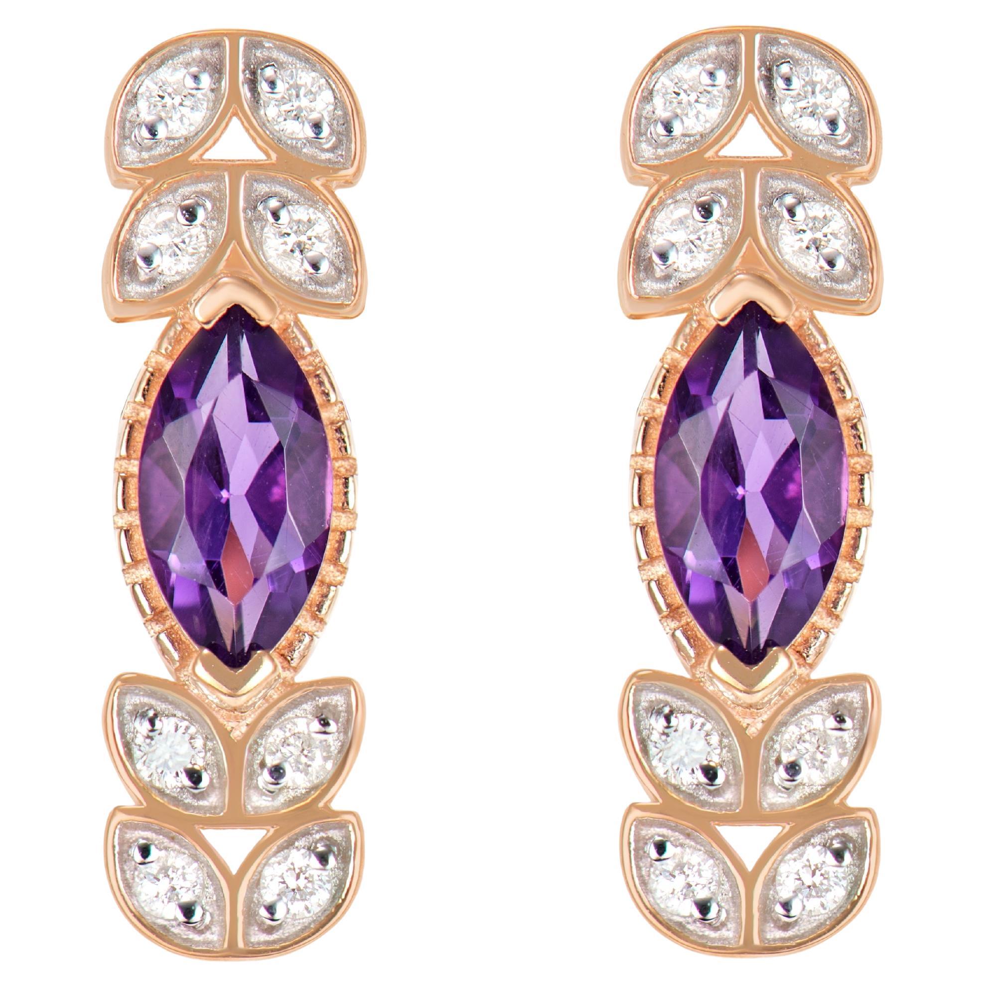 0.99 Carat Amethyst Drop Earrings in 14Karat Rose Gold with White Diamond. For Sale