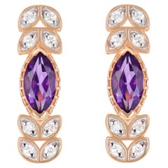 Boucles d'oreilles pendantes en or rose 14 carats avec améthyste de 0,99 carat et diamant blanc.