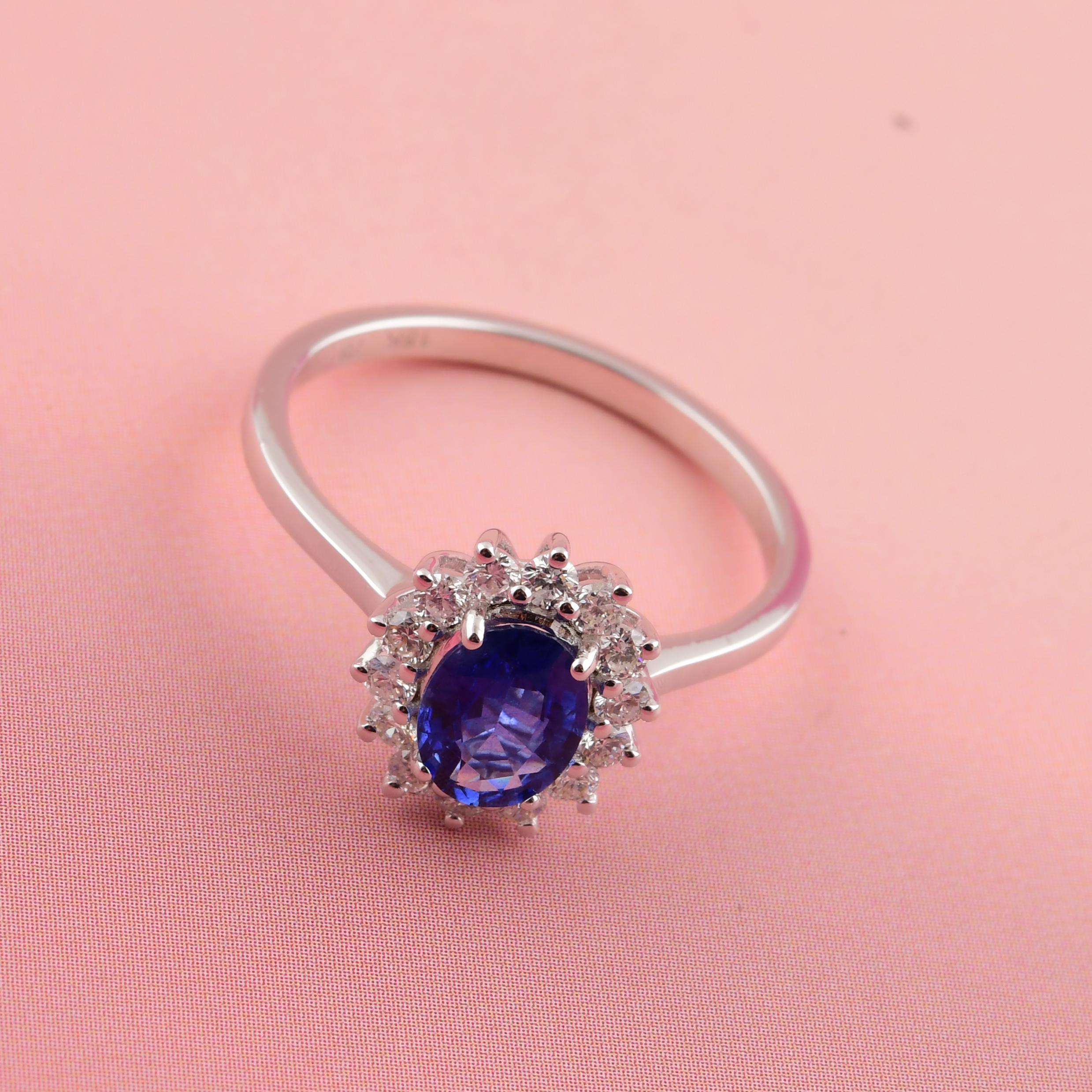 Donna 0,99 Carati Zaffiro Blu 0,35 Carati SI/H Diamante Anello Cocktail Oro Bianco 18 Carati in vendita