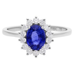 0,99 carati di zaffiro blu 0,35 carati di diamante SI/H Anello nuziale in oro bianco 14 carati