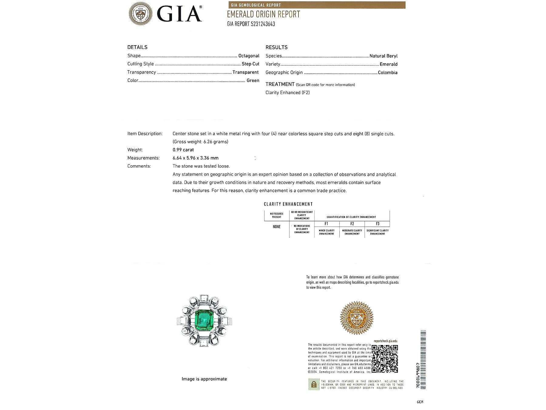 0,99 Karat kolumbianischer Smaragd 0,35 Karat Diamant, Ring aus 18 Karat Weißgold, um 1925 im Angebot 5