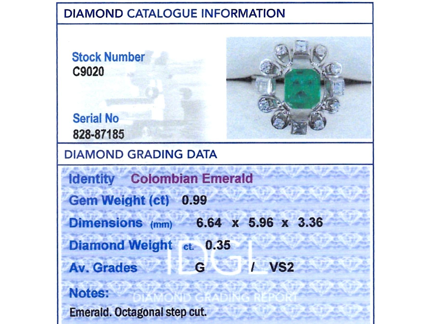 0,99 Karat kolumbianischer Smaragd 0,35 Karat Diamant, Ring aus 18 Karat Weißgold, um 1925 im Angebot 4