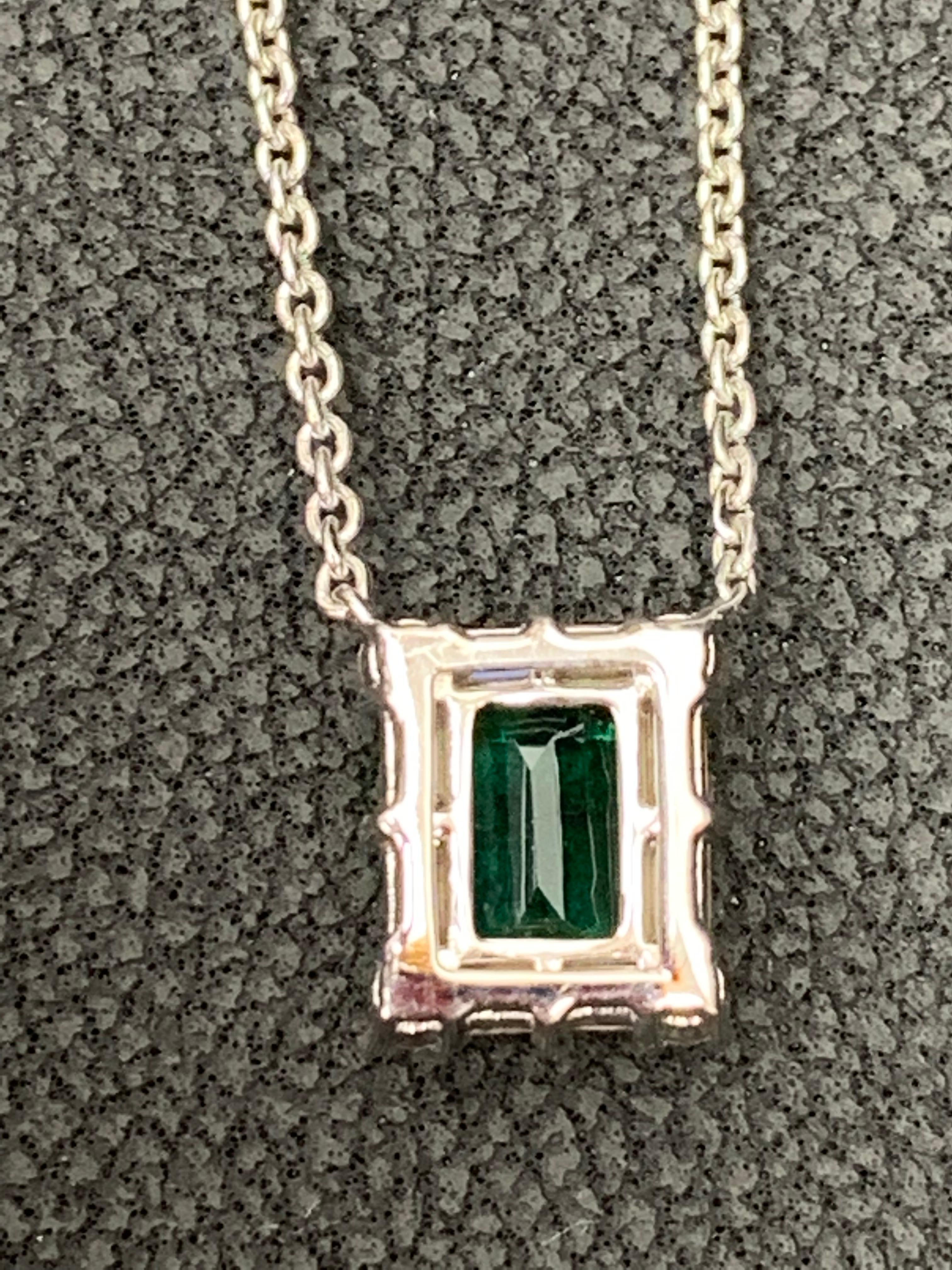 0.99 Carat Emerald Cut Emerald and Diamond Pendant Necklace in 18K White Gold For Sale 5