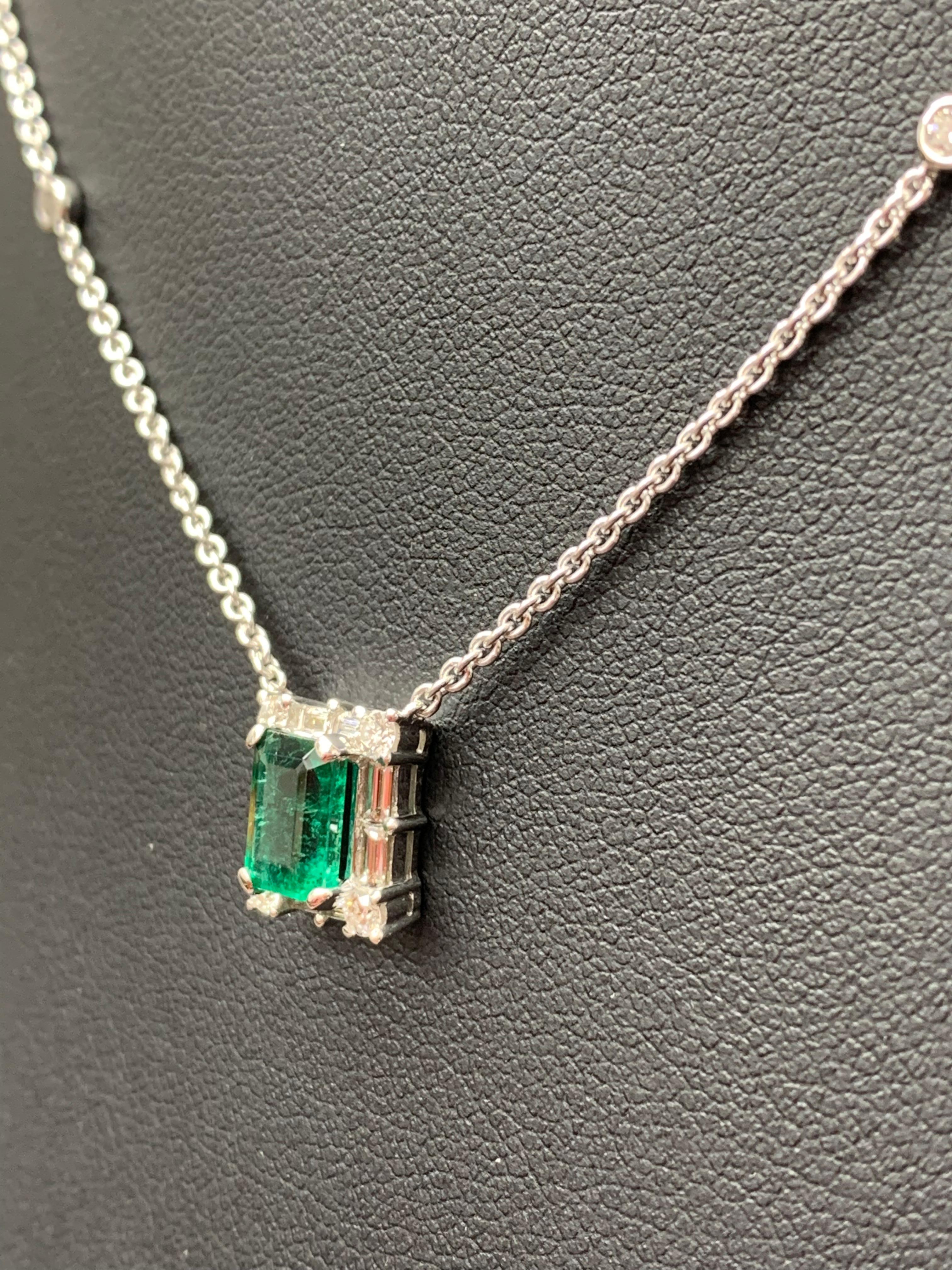 0.99 Carat Emerald Cut Emerald and Diamond Pendant Necklace in 18K White Gold In New Condition For Sale In NEW YORK, NY