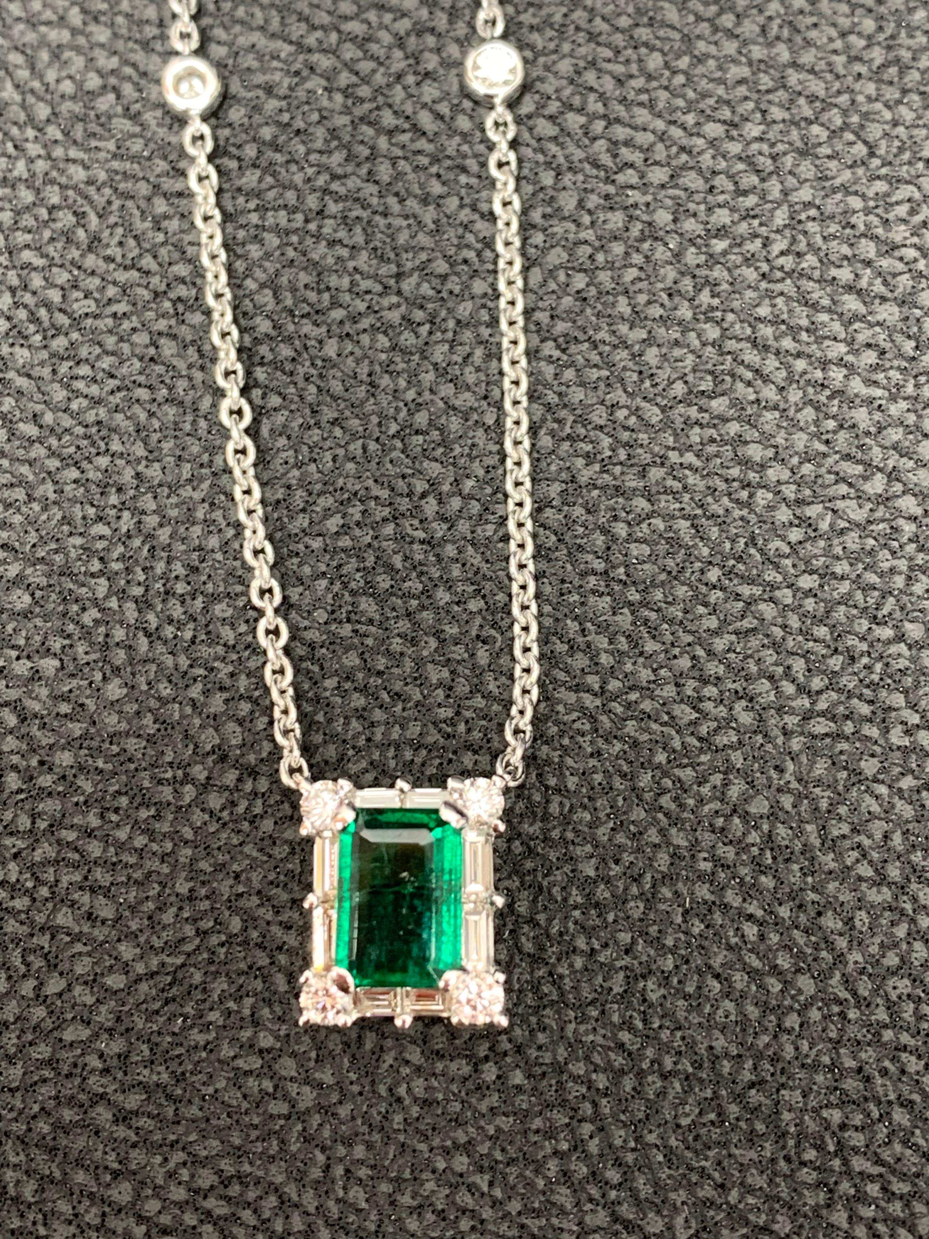 0.99 Carat Emerald Cut Emerald and Diamond Pendant Necklace in 18K White Gold For Sale 2