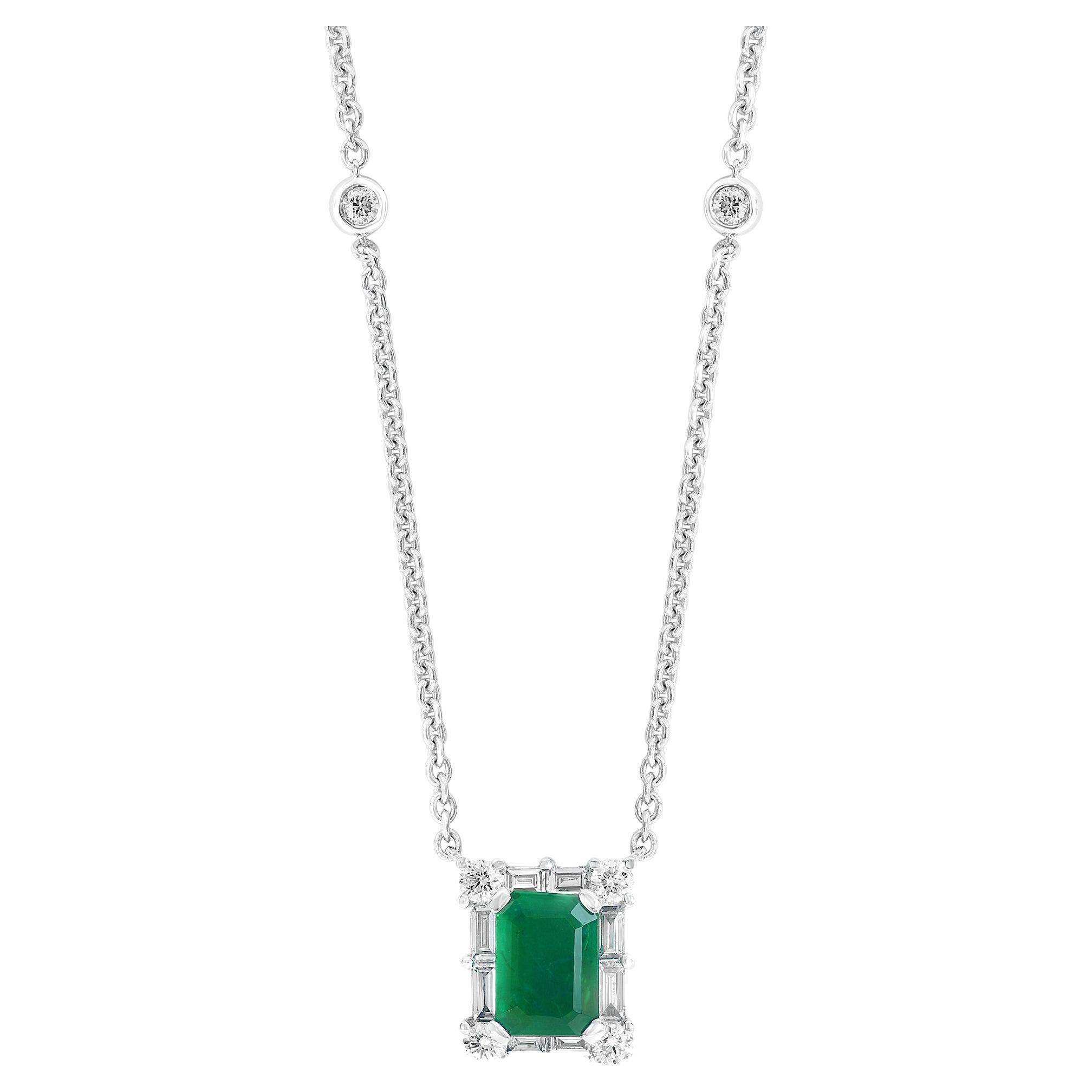 0.99 Carat Emerald Cut Emerald and Diamond Pendant Necklace in 18K White Gold For Sale