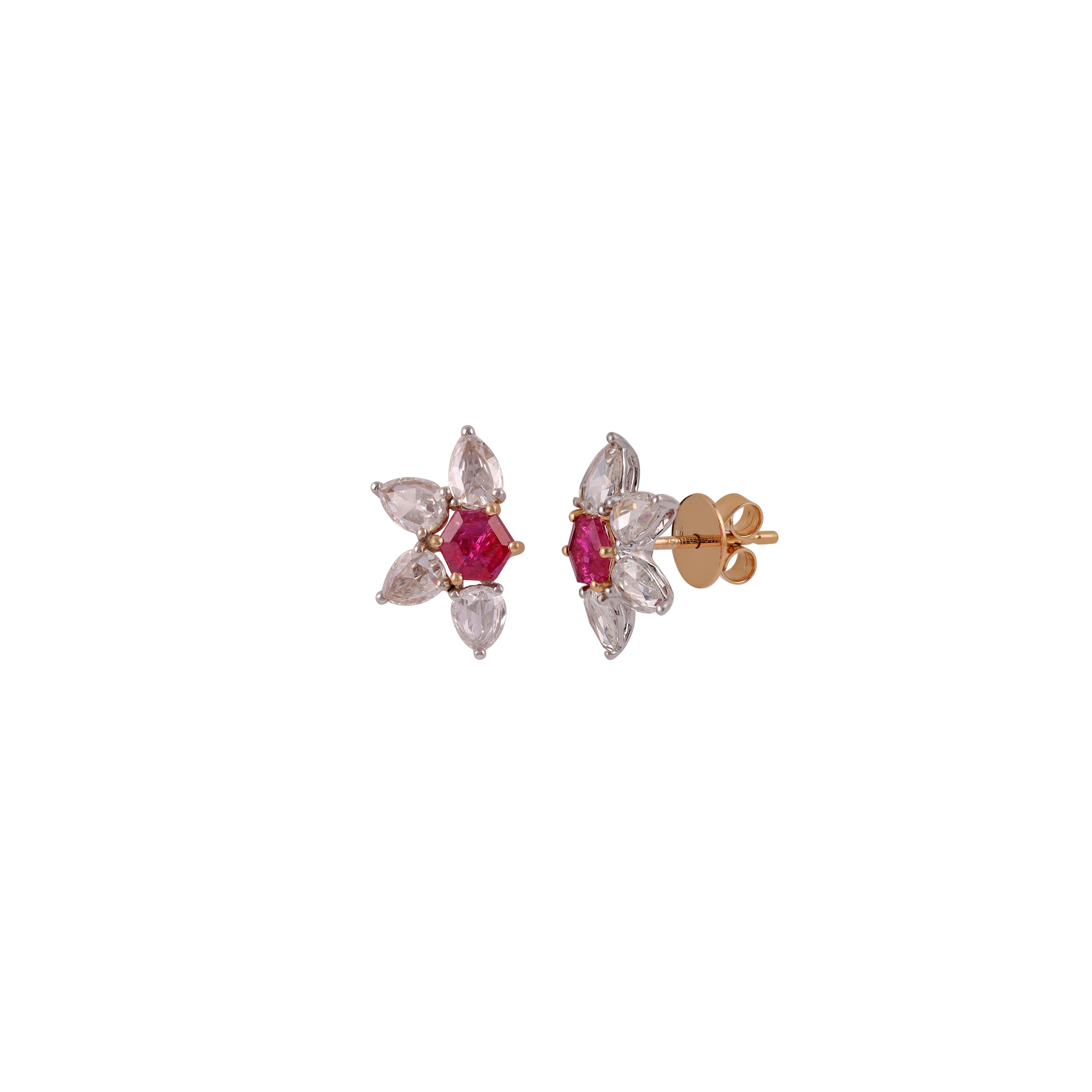 Modern 0.99 Carat Mozambique Ruby & Diamonds Stud Earrings in 18k Gold For Sale