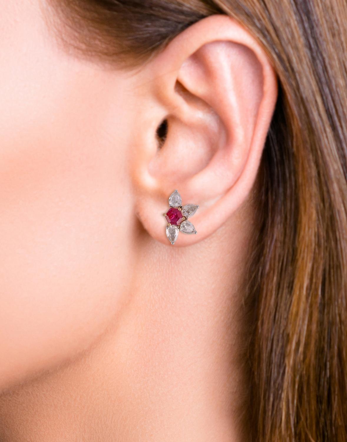 Mixed Cut 0.99 Carat Mozambique Ruby & Diamonds Stud Earrings in 18k Gold For Sale