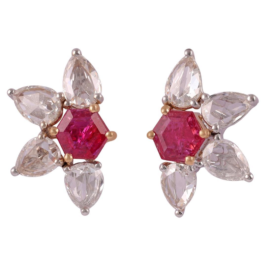 0.99 Carat Mozambique Ruby & Diamonds Stud Earrings in 18k Gold For Sale