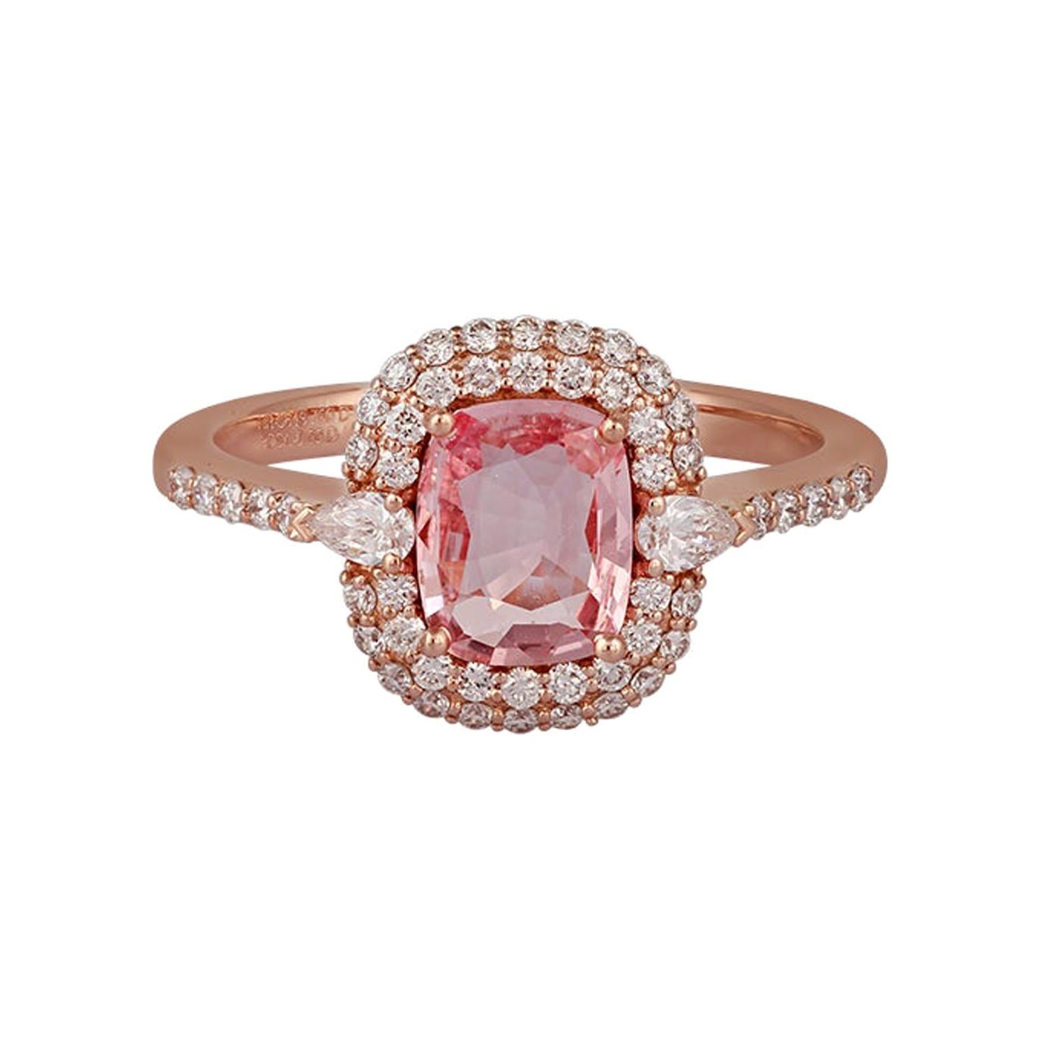 0.99 Carat Natural Padparadscha Sapphire Diamond Ring in 18 Karat Rose Gold For Sale