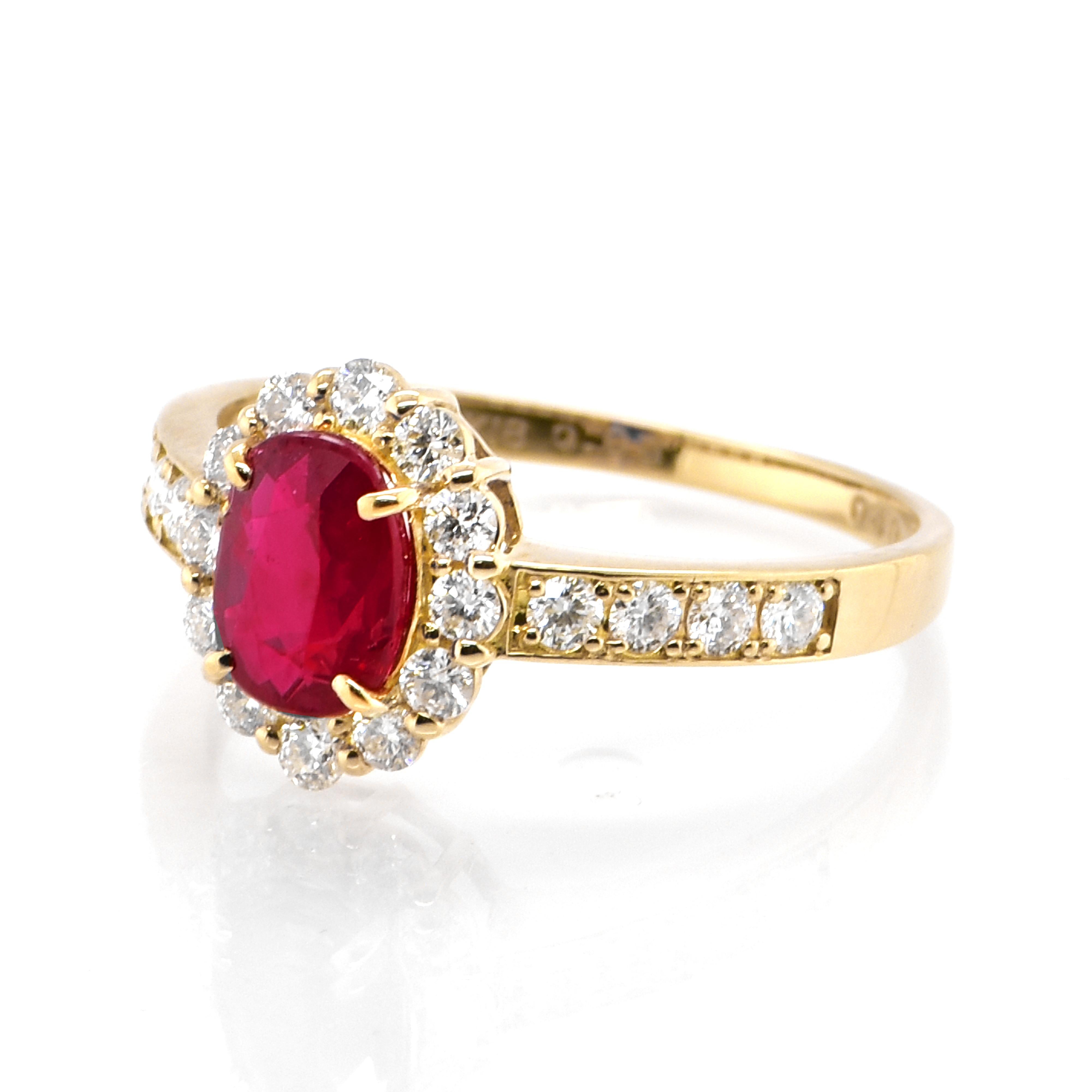 A beautiful Ring set in Platinum featuring a 0.99 Carat Natural, Pigeons Blood Red, Unheated Ruby and 0.40 Carat Diamonds. Rubies are referred to as 