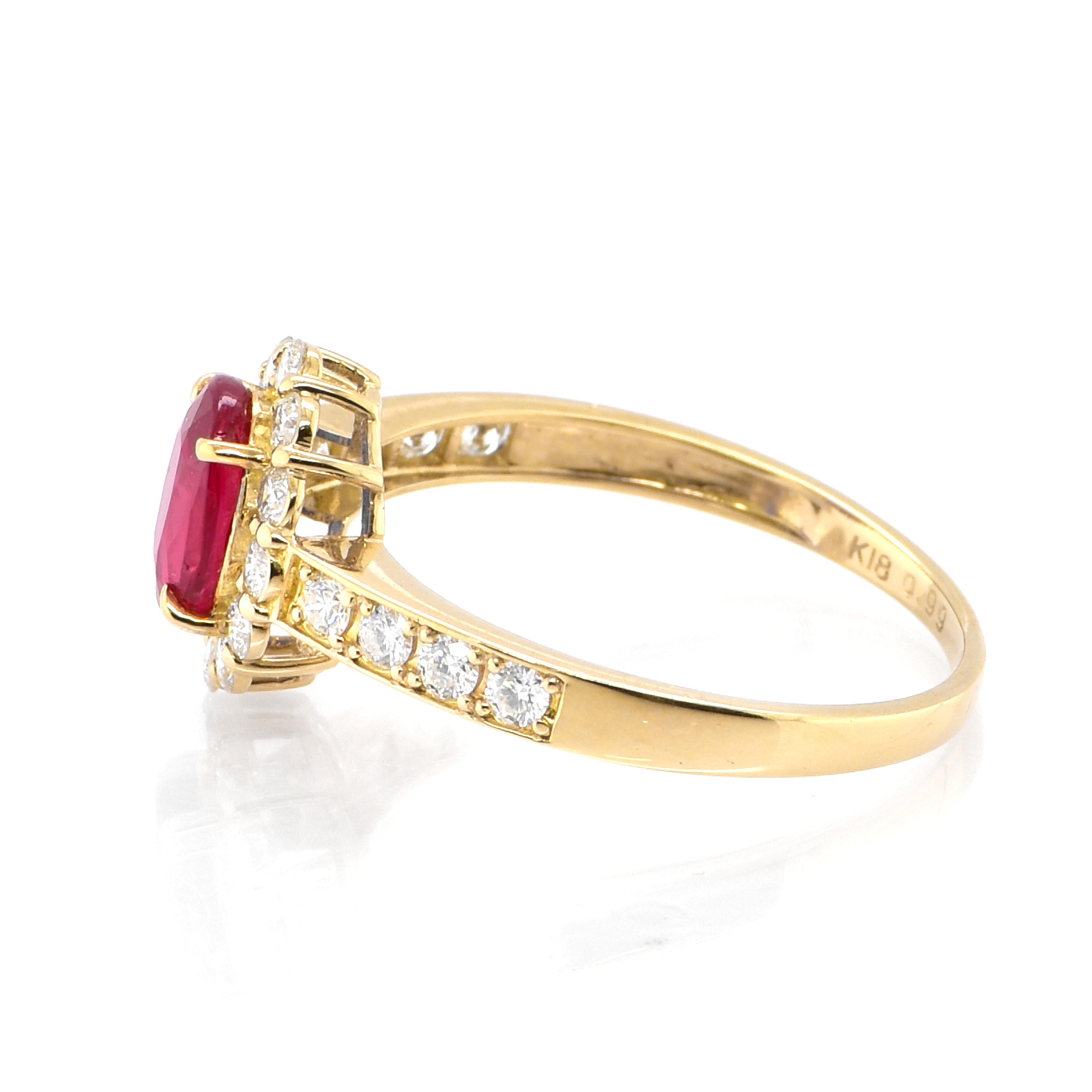 Modern 0.99 Carat, Pigeon Blood Red, Untreated Ruby and Diamond Ring Made in Platinum For Sale