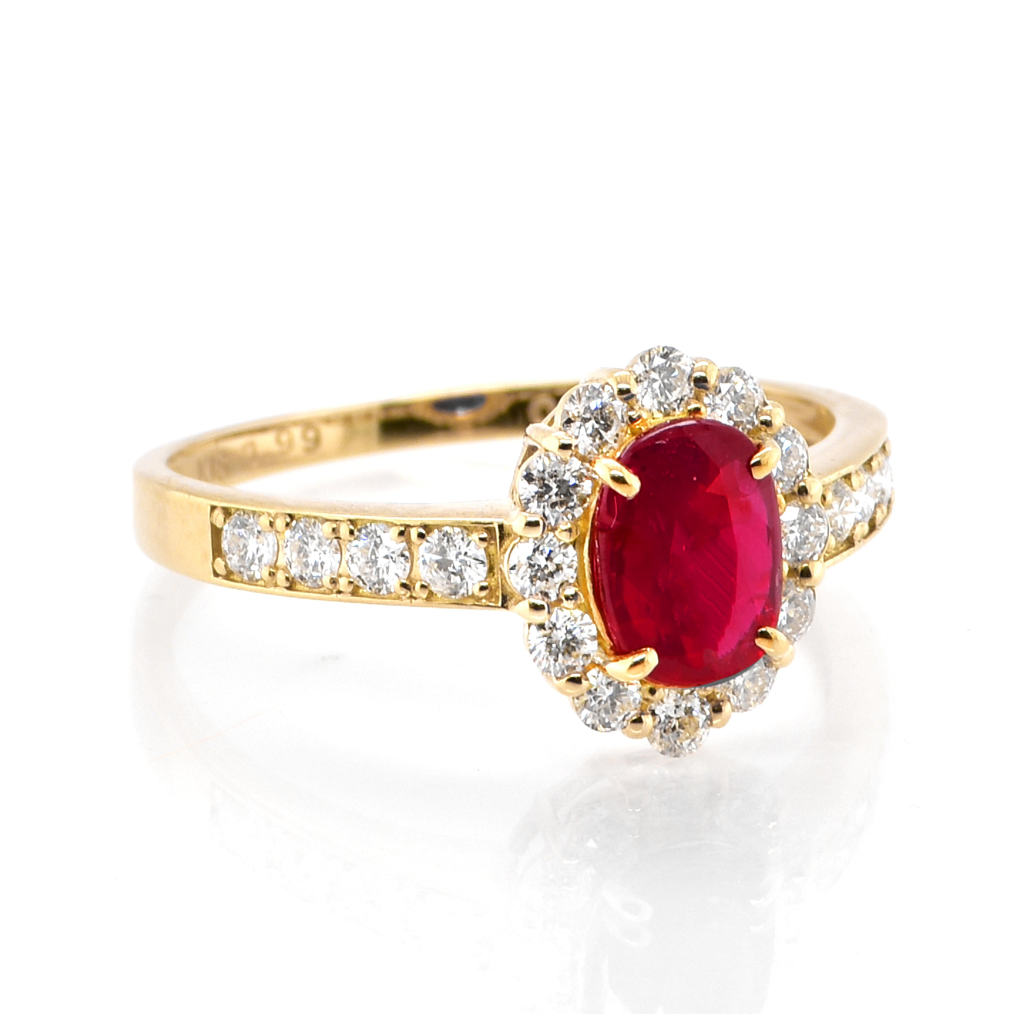 Oval Cut 0.99 Carat, Pigeon Blood Red, Untreated Ruby and Diamond Ring Made in Platinum For Sale