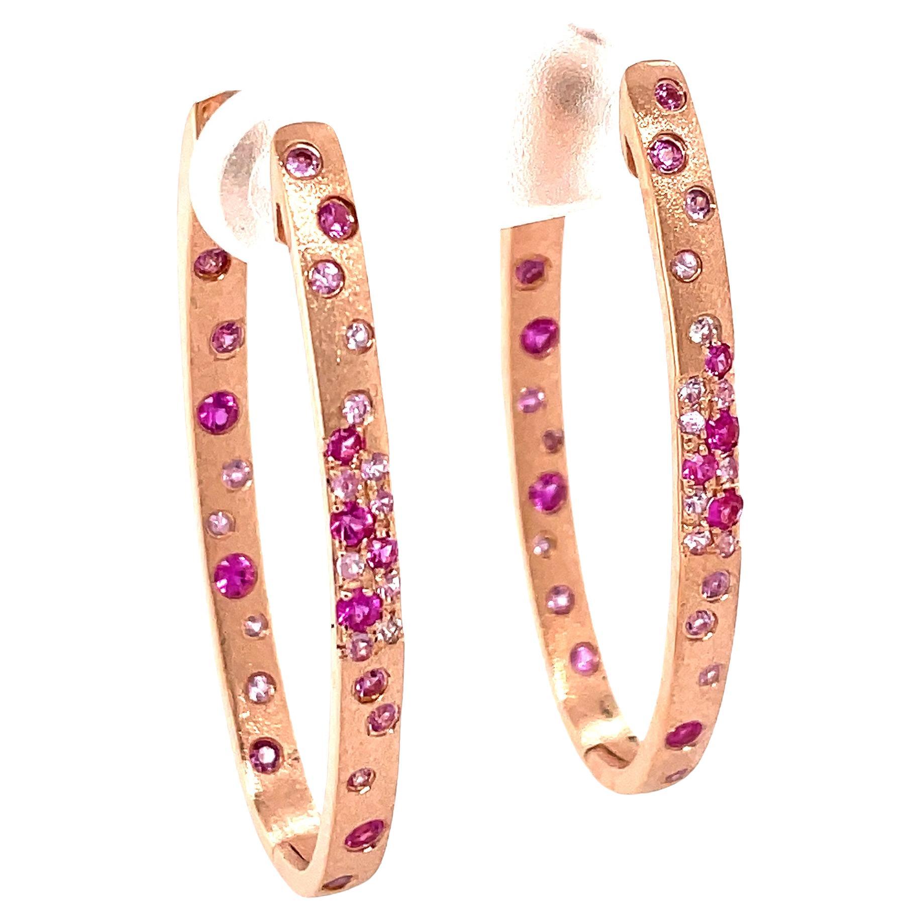 Pendientes ovalados de oro rosa con zafiro rosa y rubí de 0,99 quilates en engaste rasante en venta