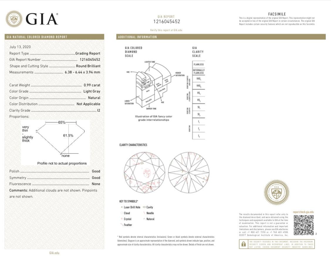 0,99 Carati Rotondi Brillanti Gia Certificati Grigio Chiaro I2 Chiarezza In condizioni buone in vendita a New York, NY