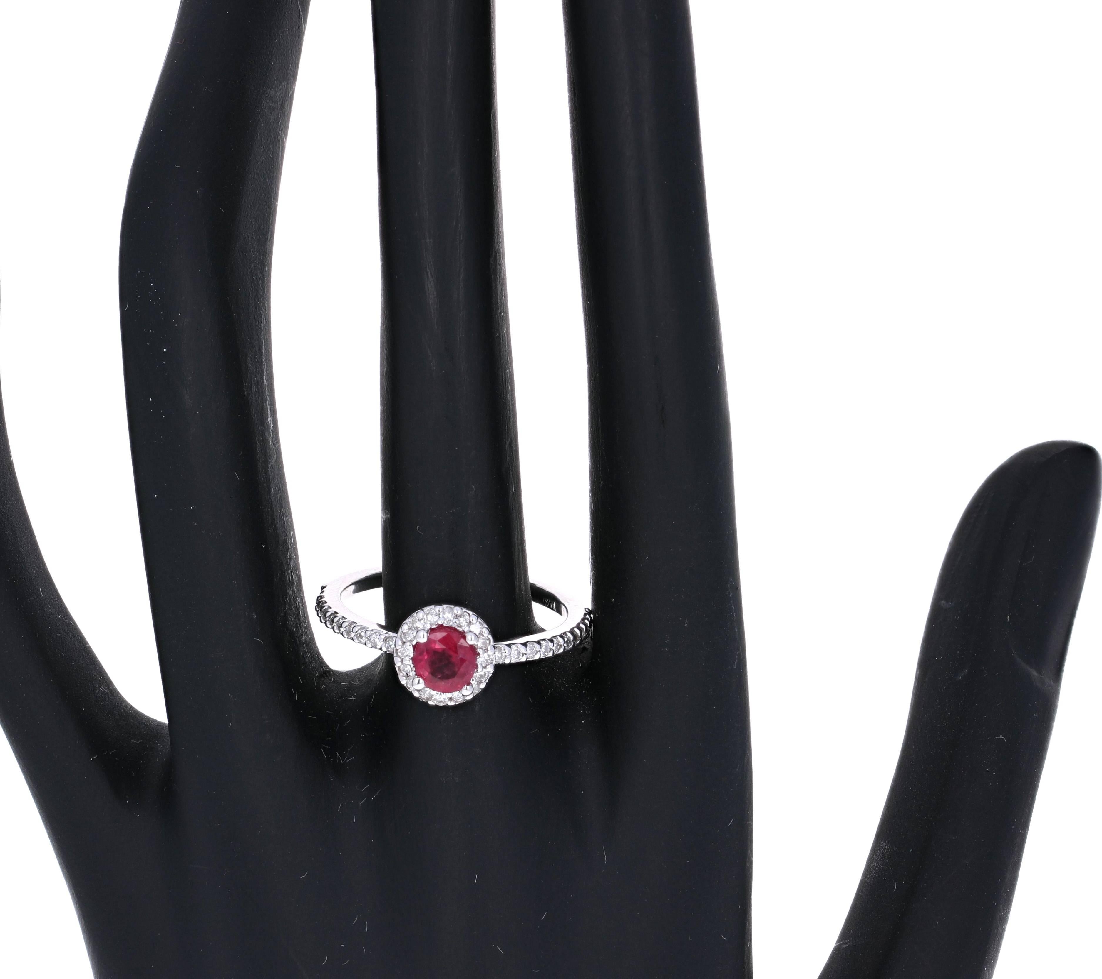 Women's 0.99 Carat Round Cut Ruby Diamond White Gold Engagement Ring