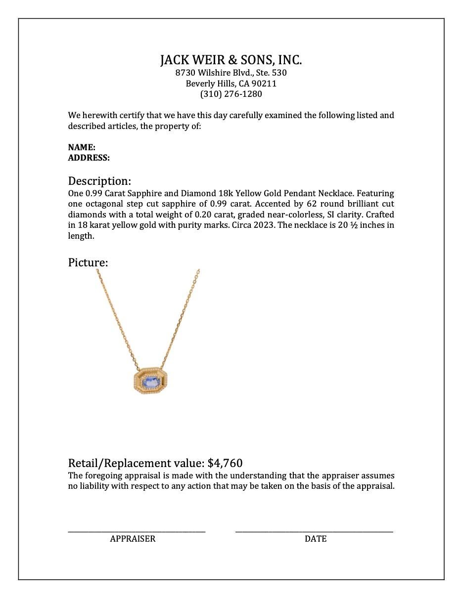 Halskette mit Anhänger aus 18 Karat Gelbgold mit 0,99 Karat Saphir und Diamant im Angebot 1