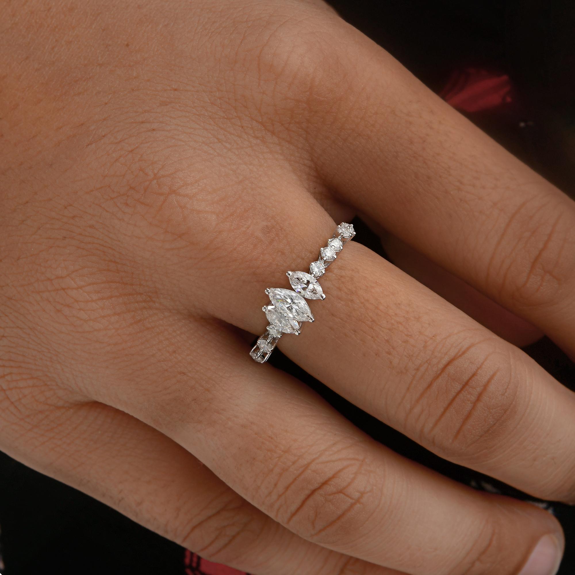 Marquise Cut 0.99 Carat SI Clarity HI Color Marquise Round Diamond Ring 18 Karat White Gold For Sale