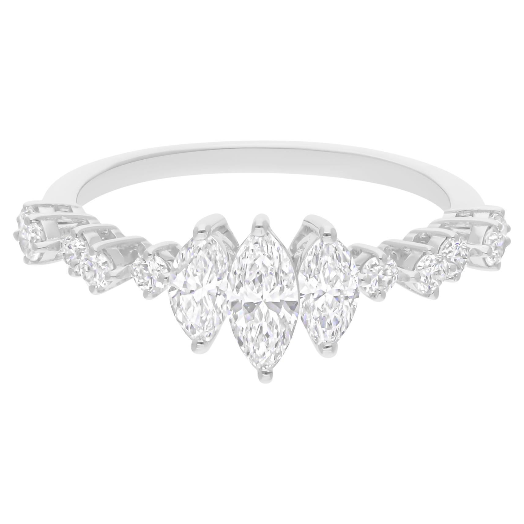 0.99 Carat SI Clarity HI Color Marquise Round Diamond Ring 18 Karat White Gold