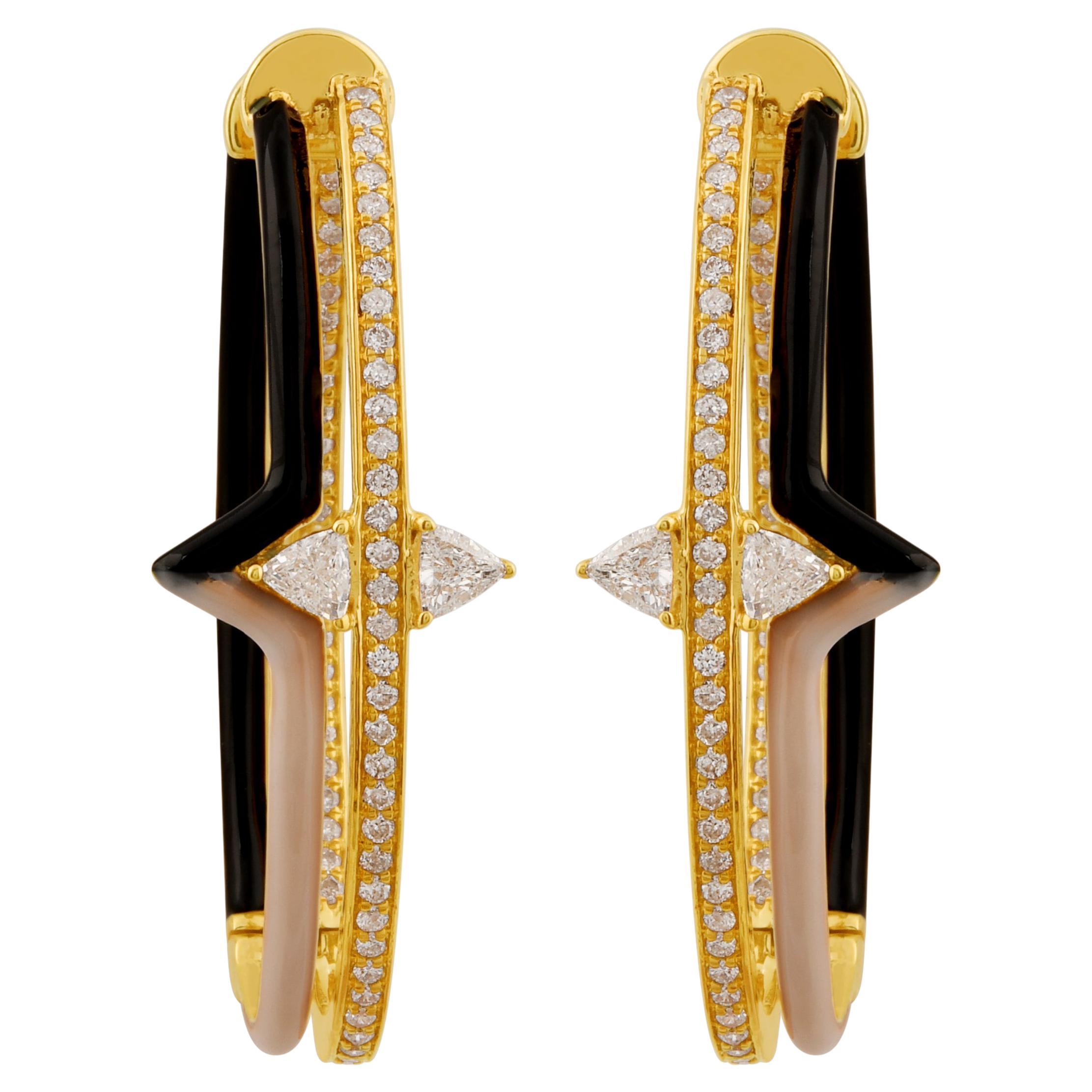 0.99 Carat Trillion Shape Diamond Hoop Earrings 18k Yellow Gold Enamel Jewelry For Sale