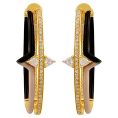 0.99 Carat Trillion Shape Diamond Hoop Earrings 18k Yellow Gold Enamel Jewelry