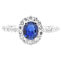 0.99 Carat, Unheated, Cornflower Blue Sapphire and Diamond Ring Set in Platinum