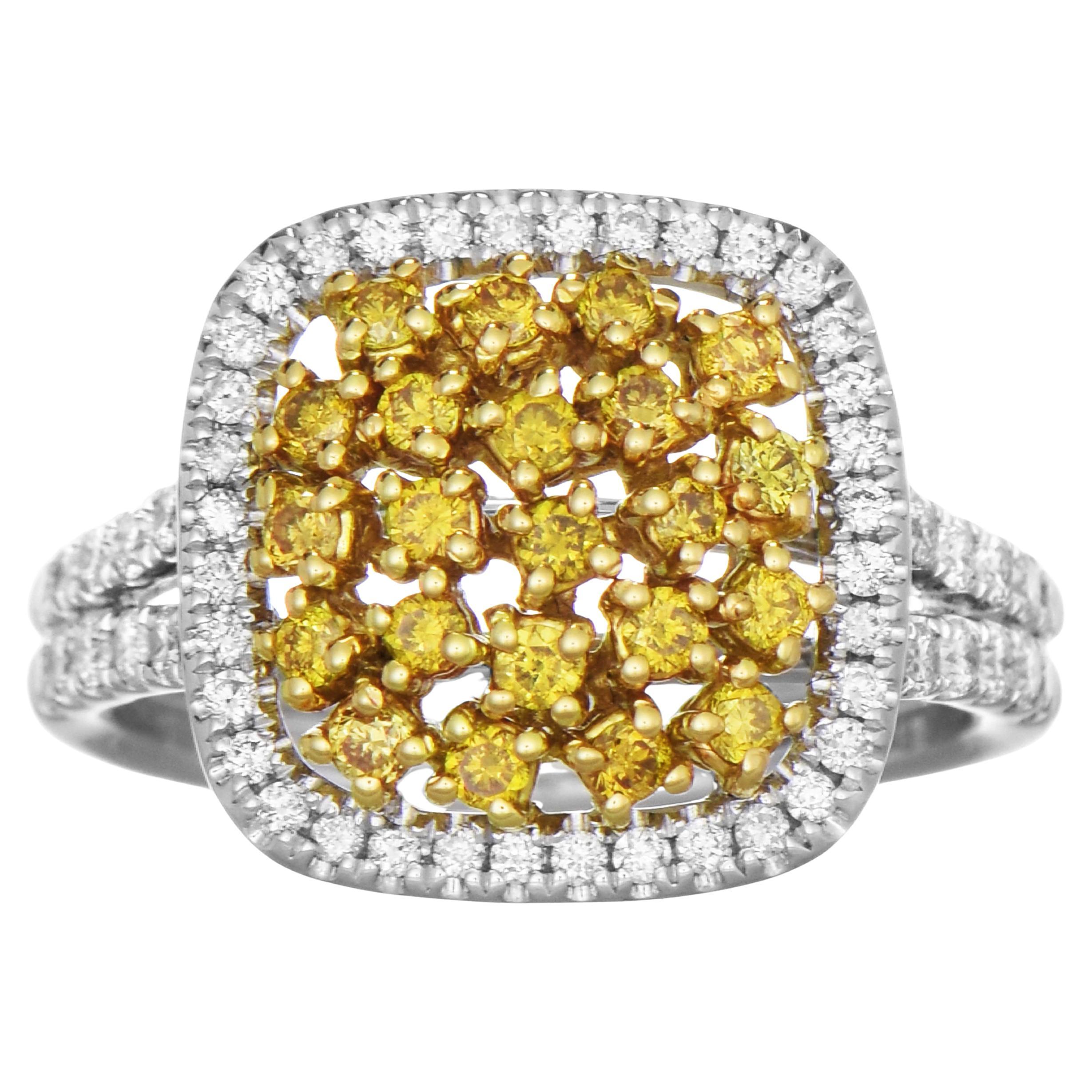 0.99 Carat Yellow and White Diamond White Gold Cluster Ring