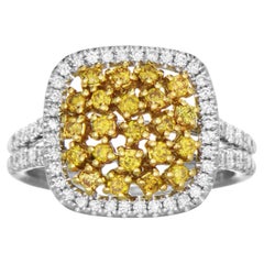 0.99 Carat Yellow and White Diamond White Gold Cluster Ring