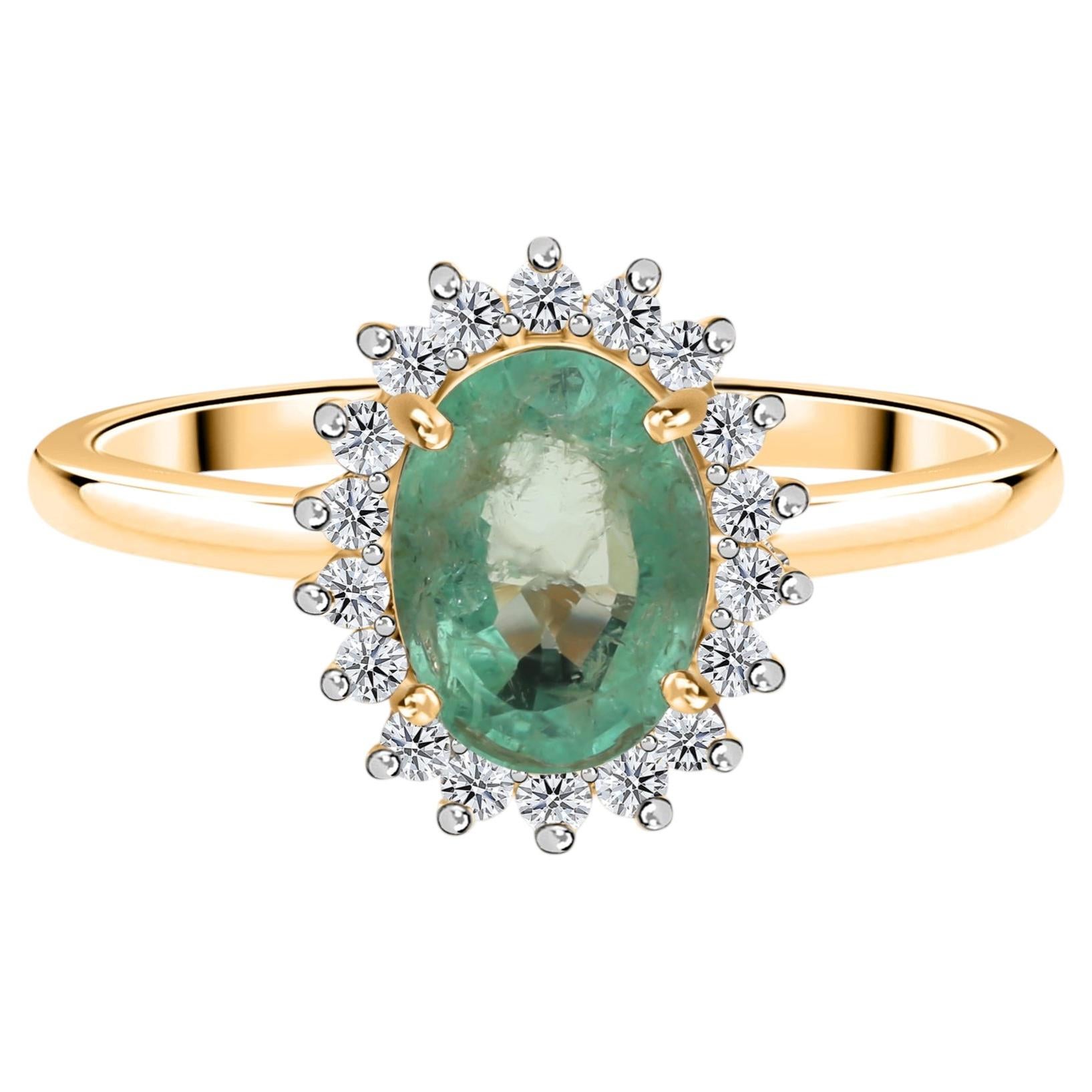 Im Angebot: 0,99 Karat sambischer Smaragd 0,19 Karat SI/H Diamantring 14 Karat Gelbgold ()