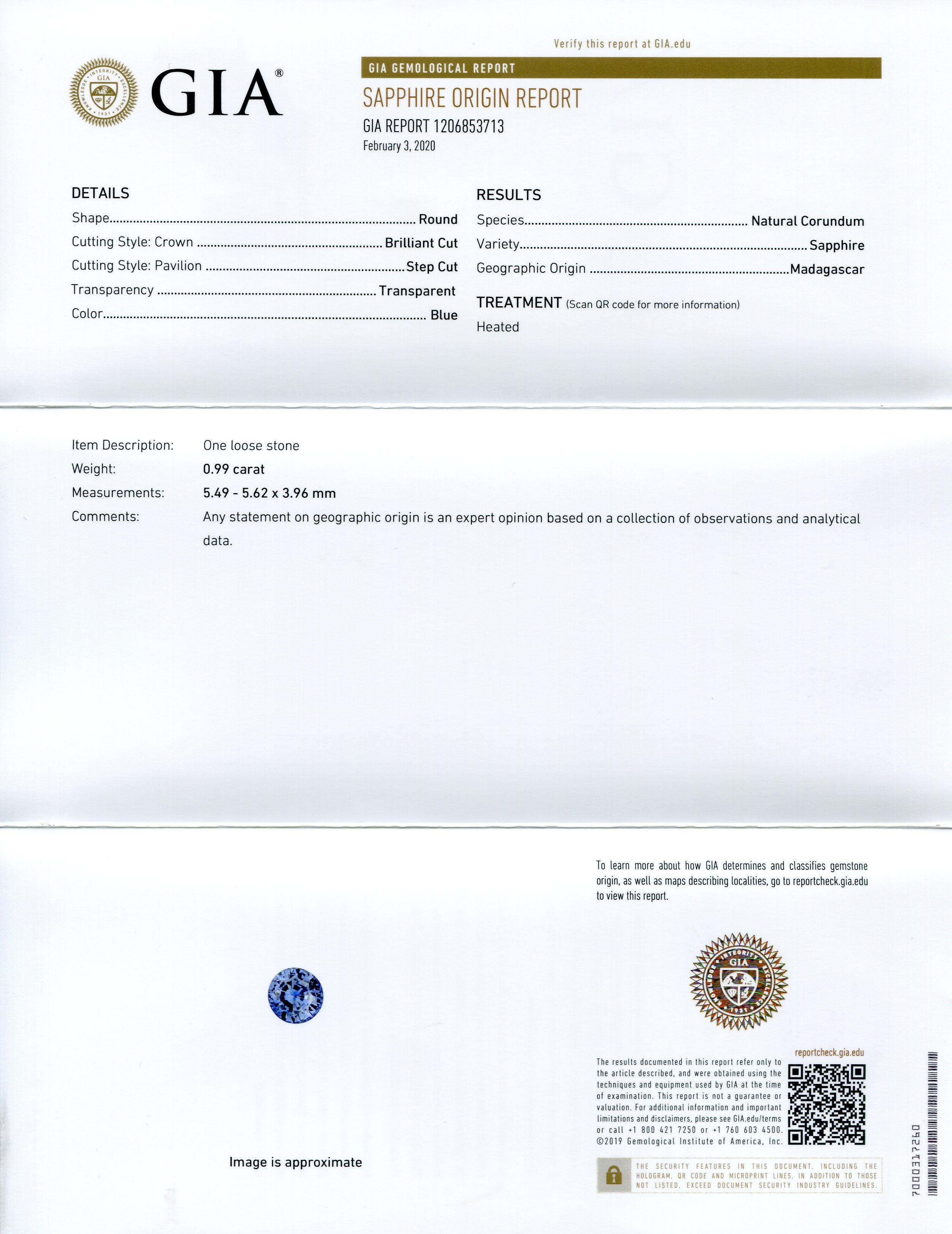 Se trata de un impresionante zafiro certificado por la GIA

El informe de la GIA dice lo siguiente:

Número de informe GIA: 1206853713
Forma: Redonda
Estilo de corte:
Estilo de corte: Corona: talla brillante
Estilo de corte: Pabellón: Corte