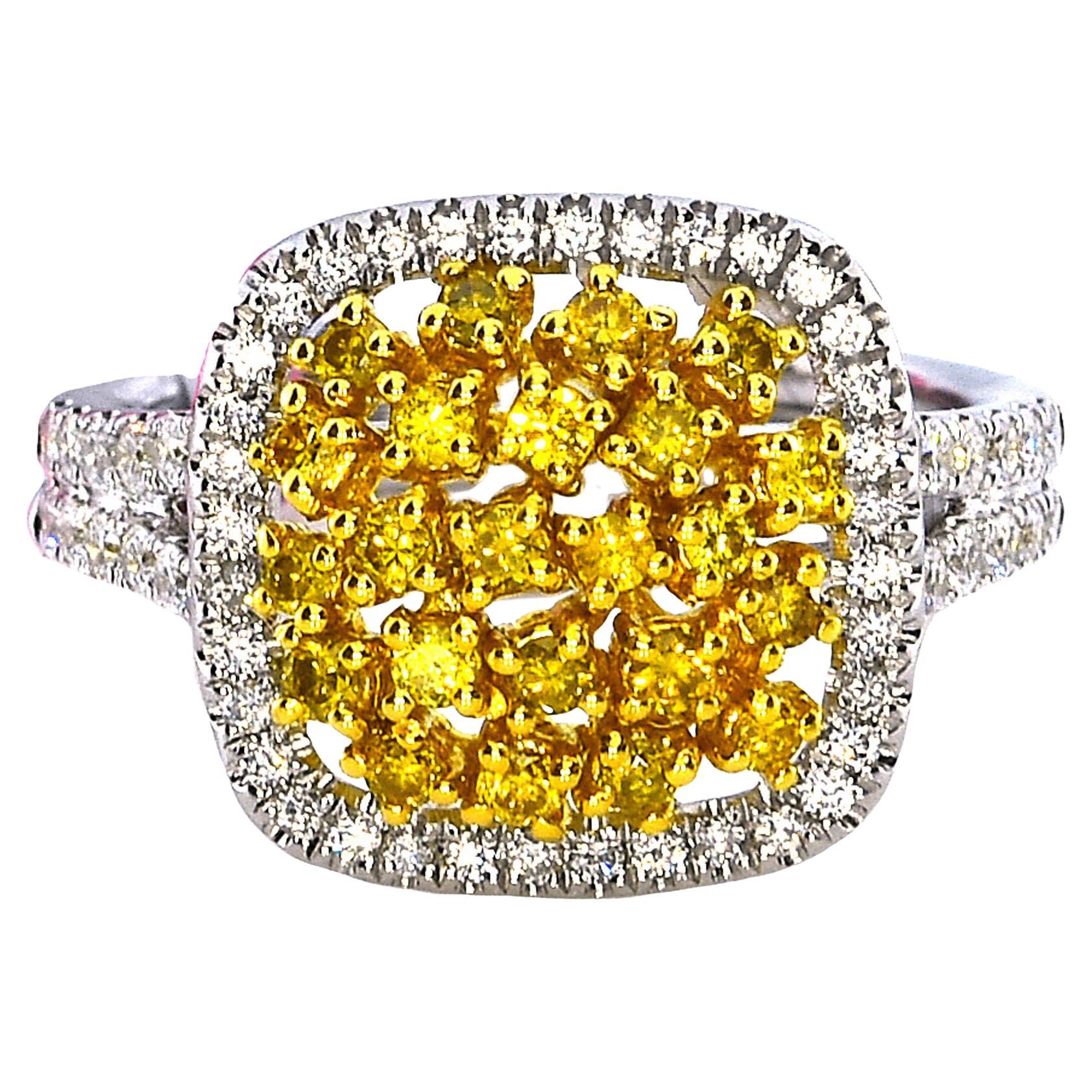 0.99 Carat Natural Fancy Intense Yellow Diamond Cluster Ring For Sale