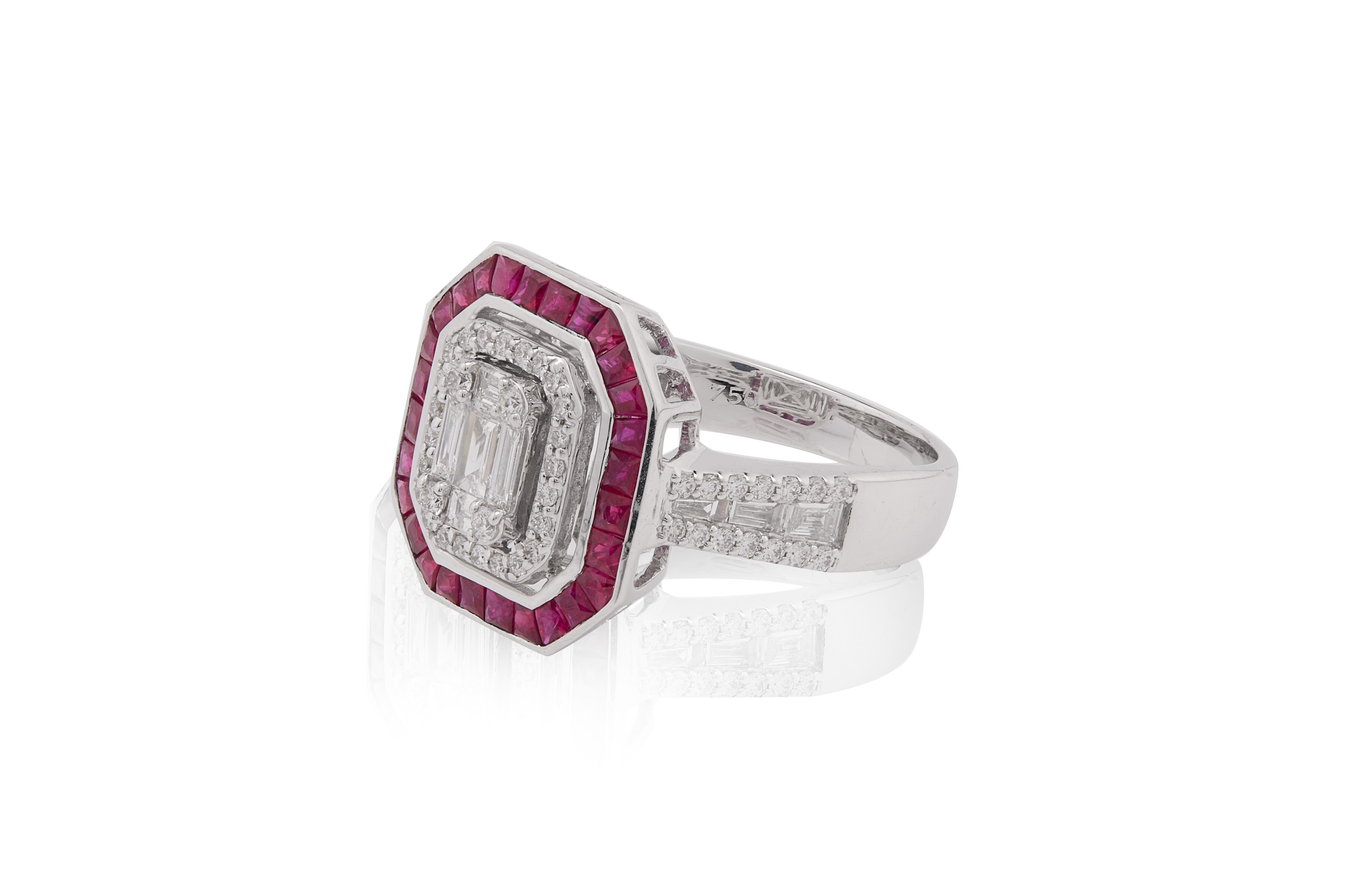 0,990 Karat Rubin Baguette mit Diamantring aus 18 Karat Gold für Damen oder Herren im Angebot