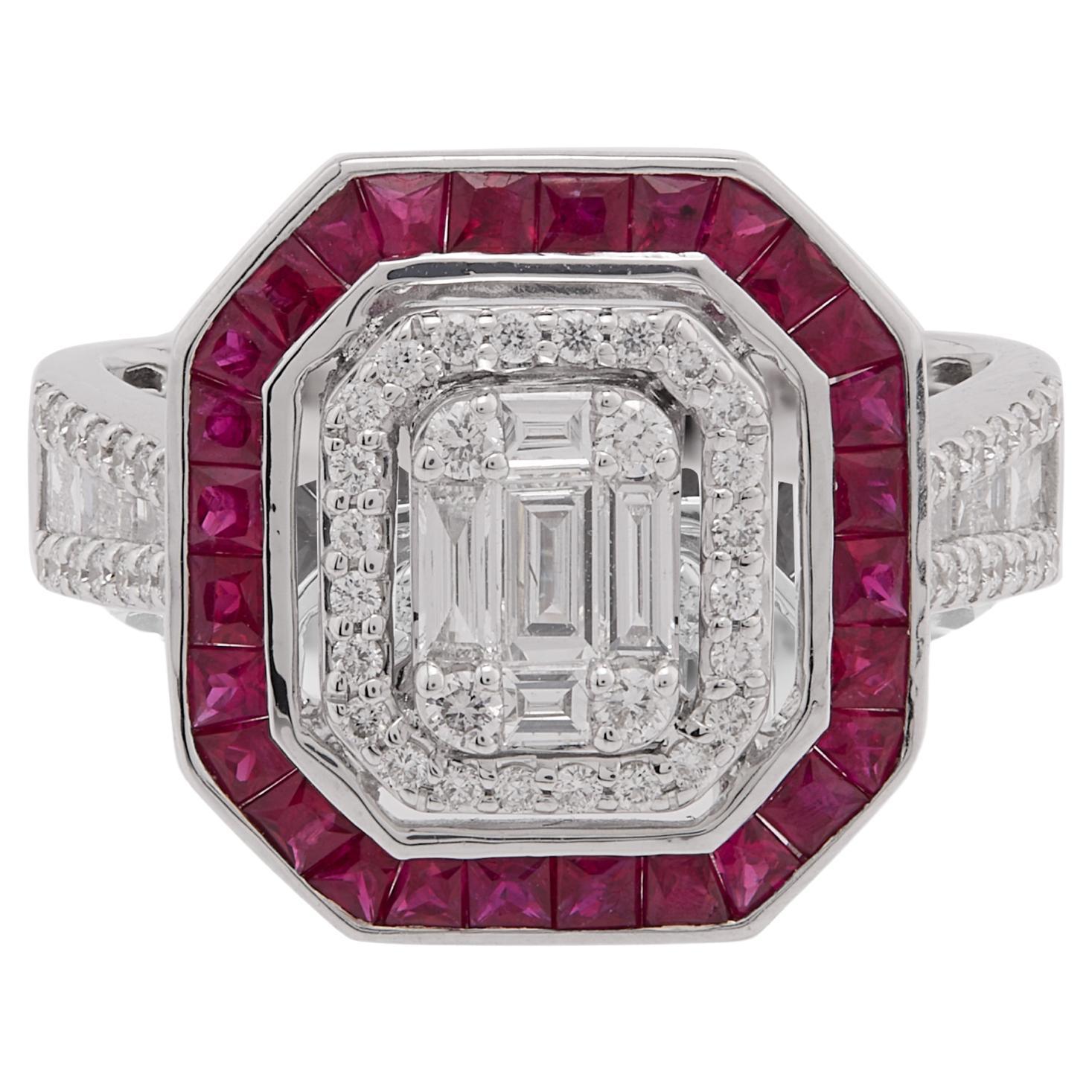 0.990 Carat Ruby baguette with Diamond Ring in 18 Karat Gold